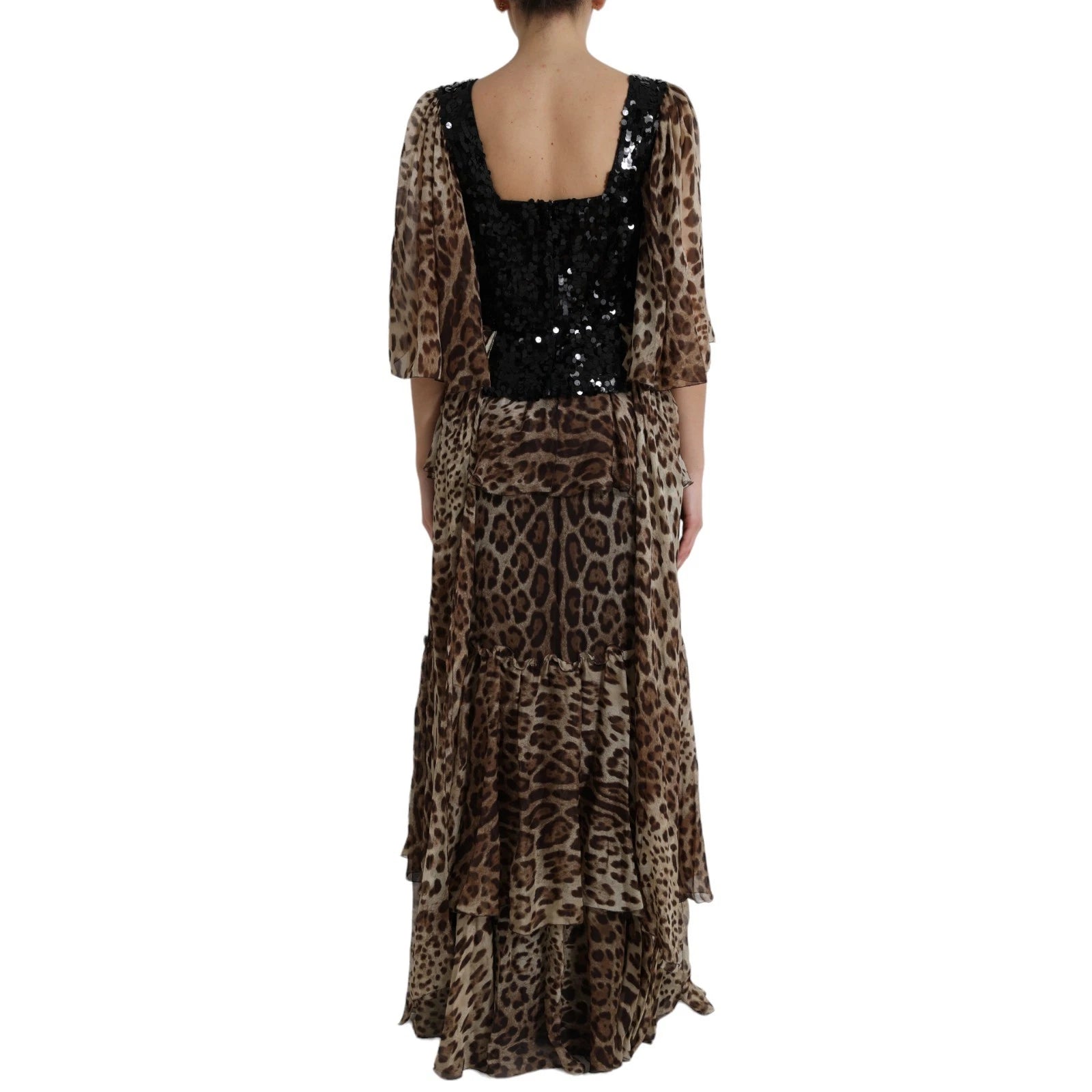 Dolce & Gabbana Leopard Print Sequin Silk Ruffle Maxi Dress