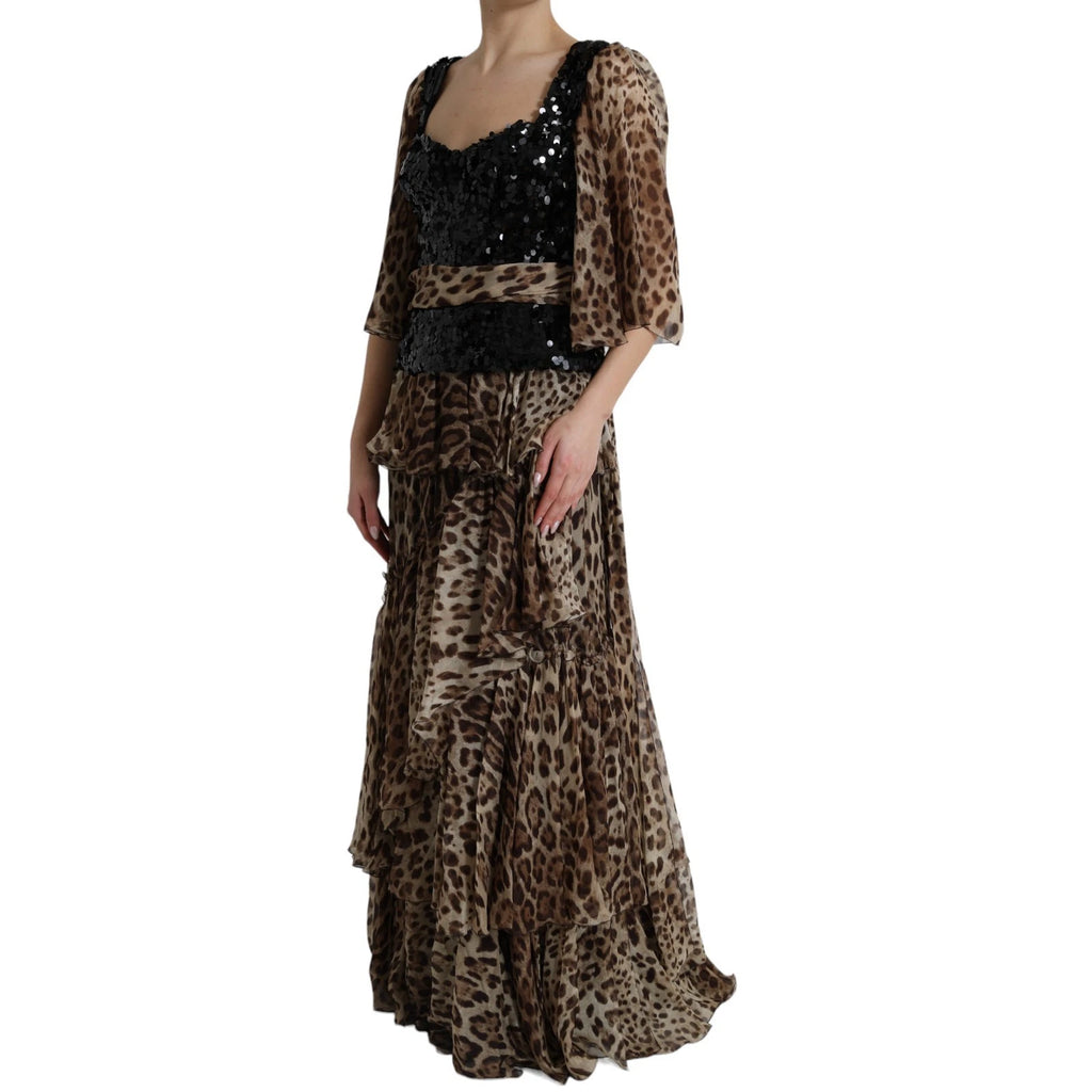 Dolce & Gabbana Leopard Print Sequin Silk Ruffle Maxi Dress