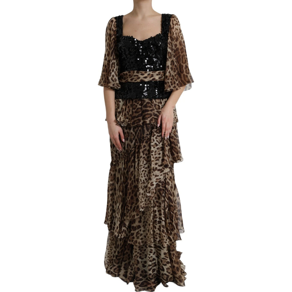 Dolce & Gabbana Leopard Print Sequin Silk Ruffle Maxi Dress