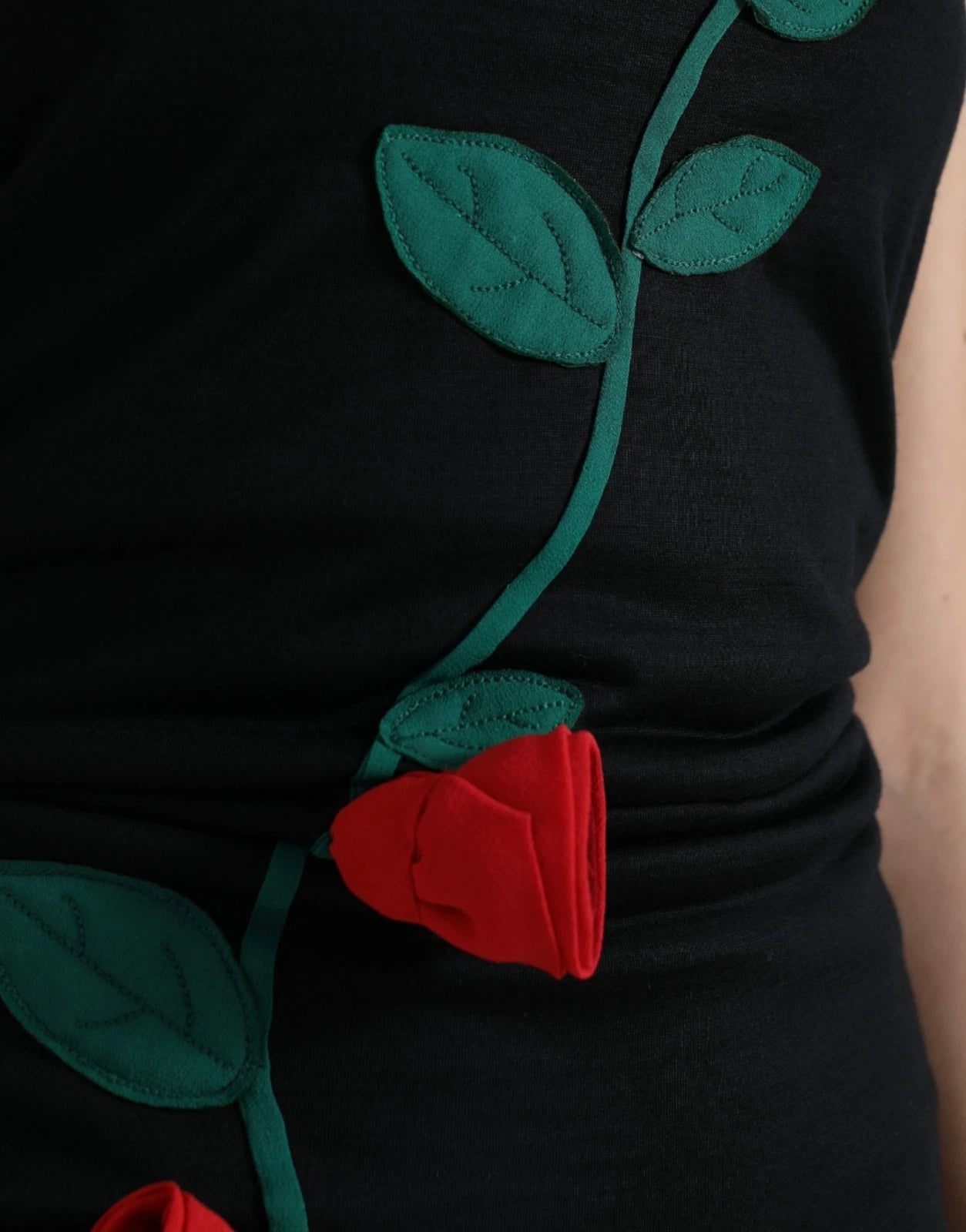 Dolce & Gabbana Black Sleeveless Wool Dress with Rose Appliqués