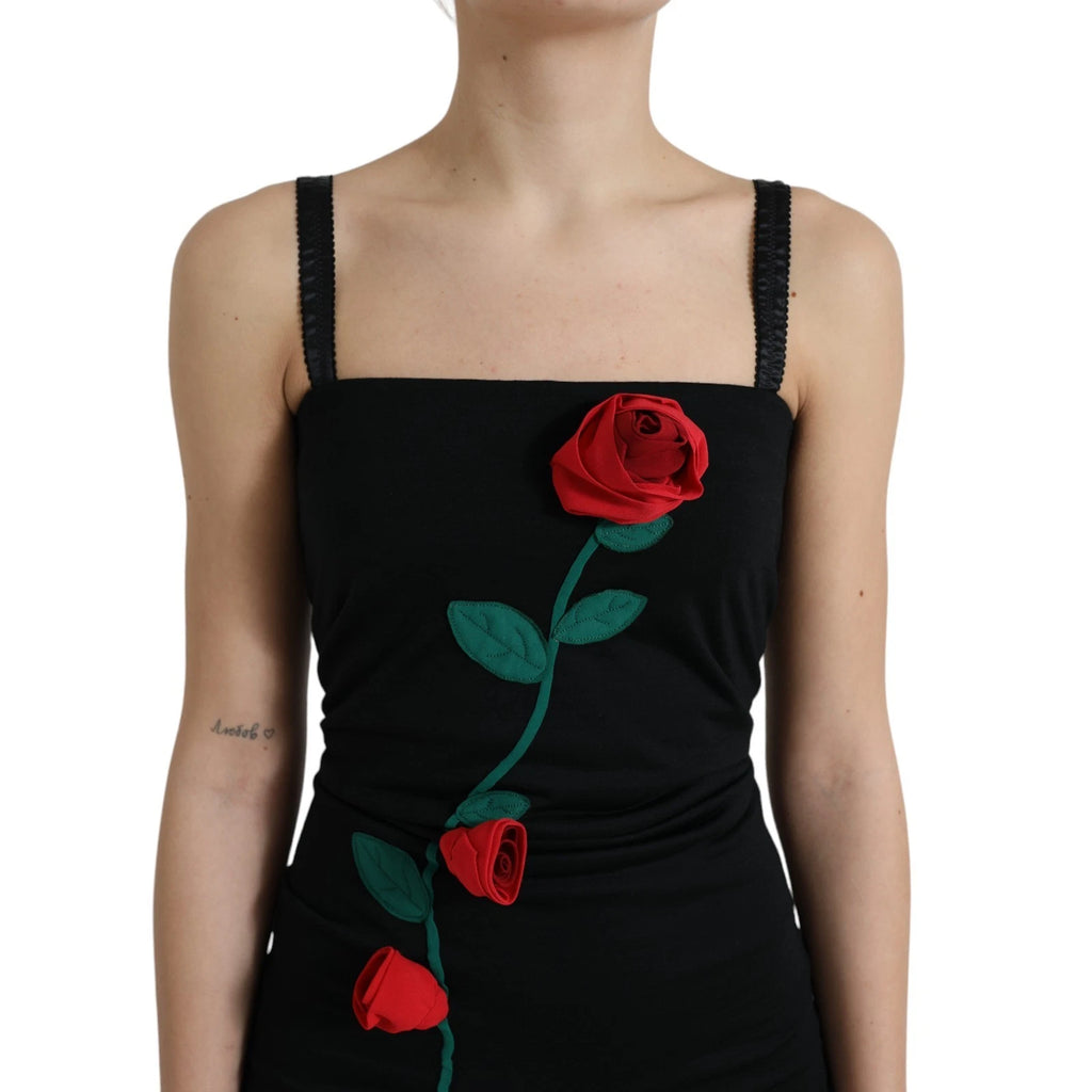 Dolce & Gabbana Black Sleeveless Wool Dress with Rose Appliqués