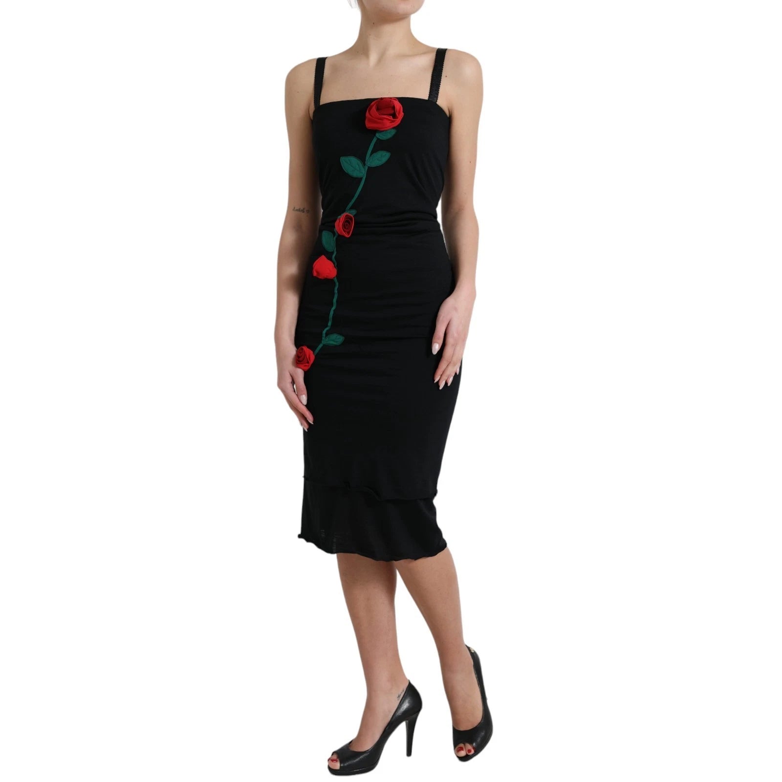 Dolce & Gabbana Black Sleeveless Wool Dress with Rose Appliqués
