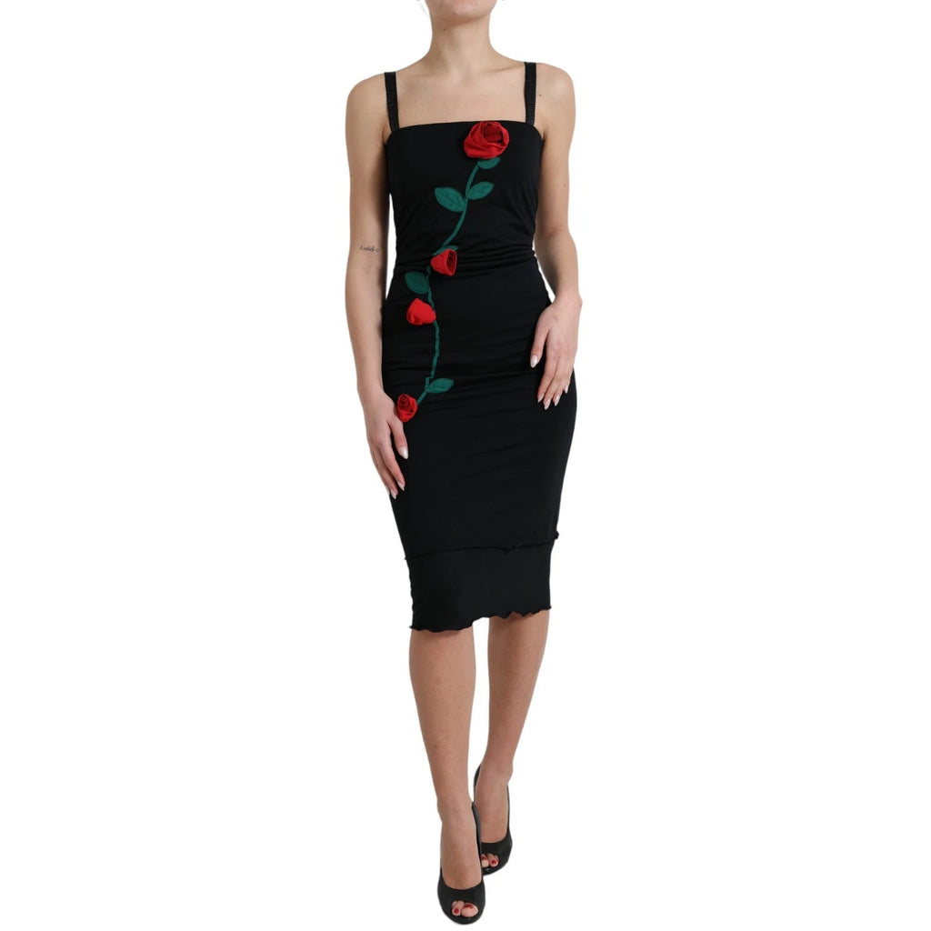 Dolce & Gabbana Black Sleeveless Wool Dress with Rose Appliqués
