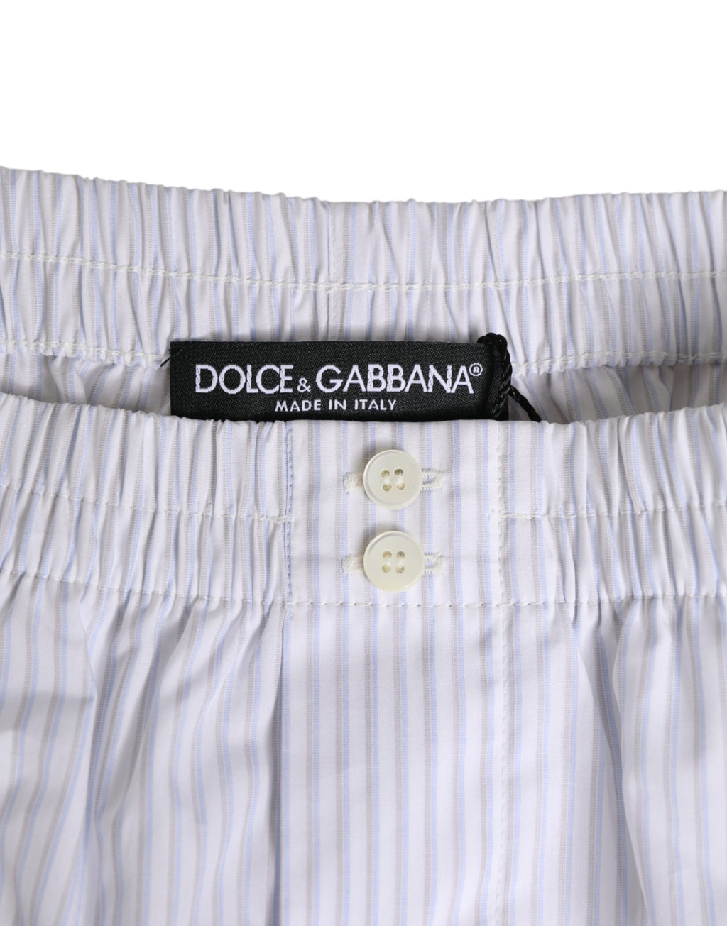 Dolce & Gabbana Weiß-Blau Gestreifte Baumwoll-Shorts mit Knopfleiste Badebekleidung