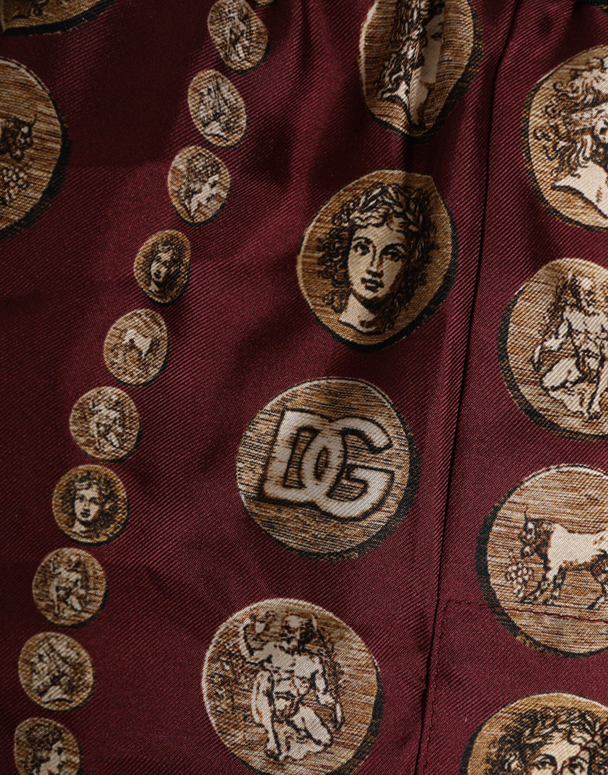 Dolce & Gabbana Burgundy Silk Coin Print Men's Boxer Short Swimwear