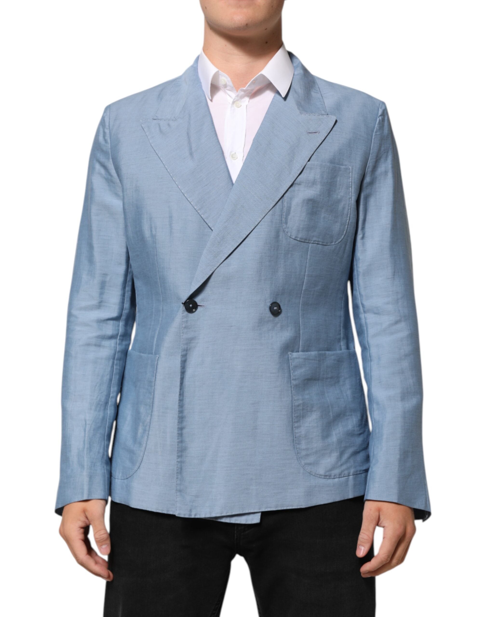 Dolce & Gabbana Light Blue Linen Double-Breasted Men's Jacket Blazer