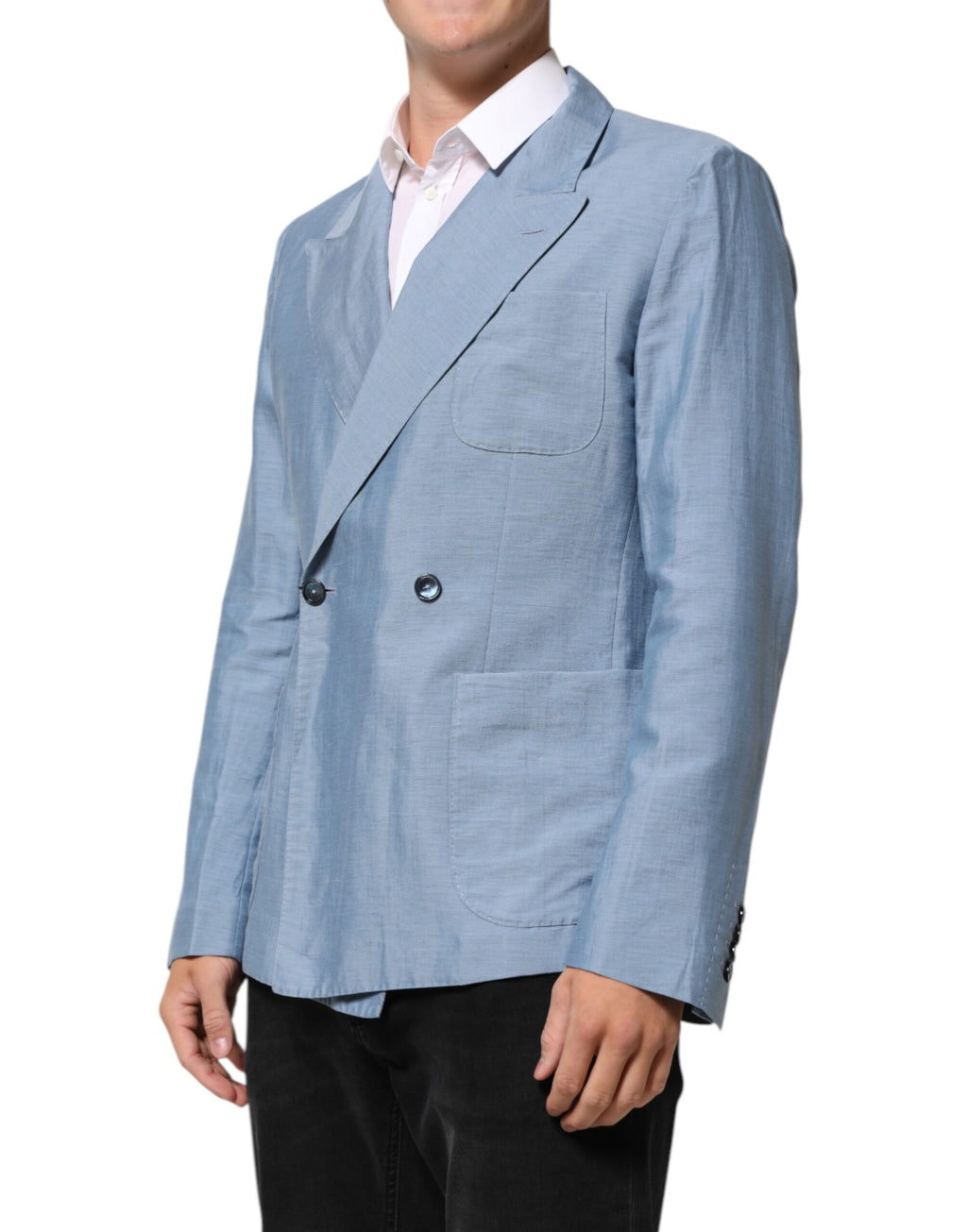 Dolce & Gabbana Light Blue Linen Double-Breasted Men's Jacket Blazer