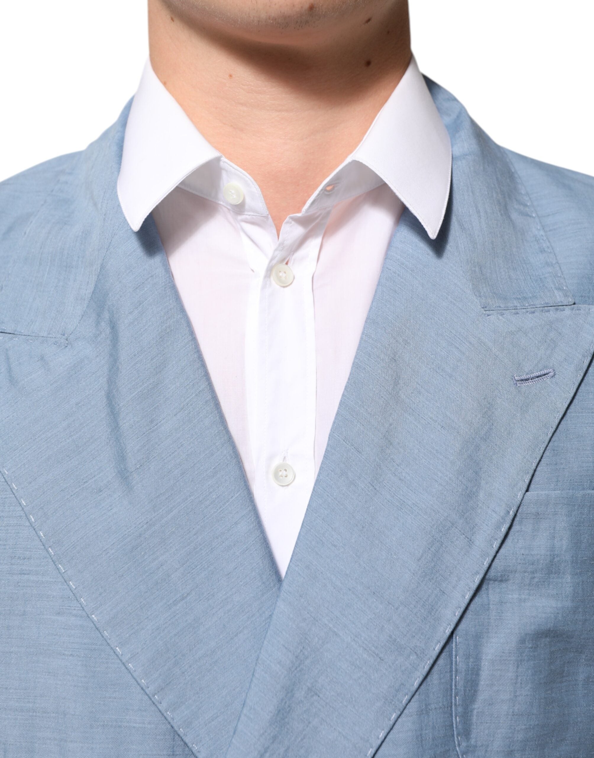 Dolce & Gabbana Light Blue Linen Double-Breasted Men's Jacket Blazer
