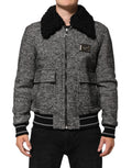 Dolce & Gabbana Graue Bomberjacke aus Wolle mit Fischgrätenmuster und Shearling-Kragen