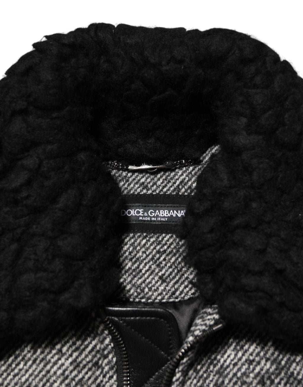Dolce & Gabbana Graue Bomberjacke aus Wolle mit Fischgrätenmuster und Shearling-Kragen