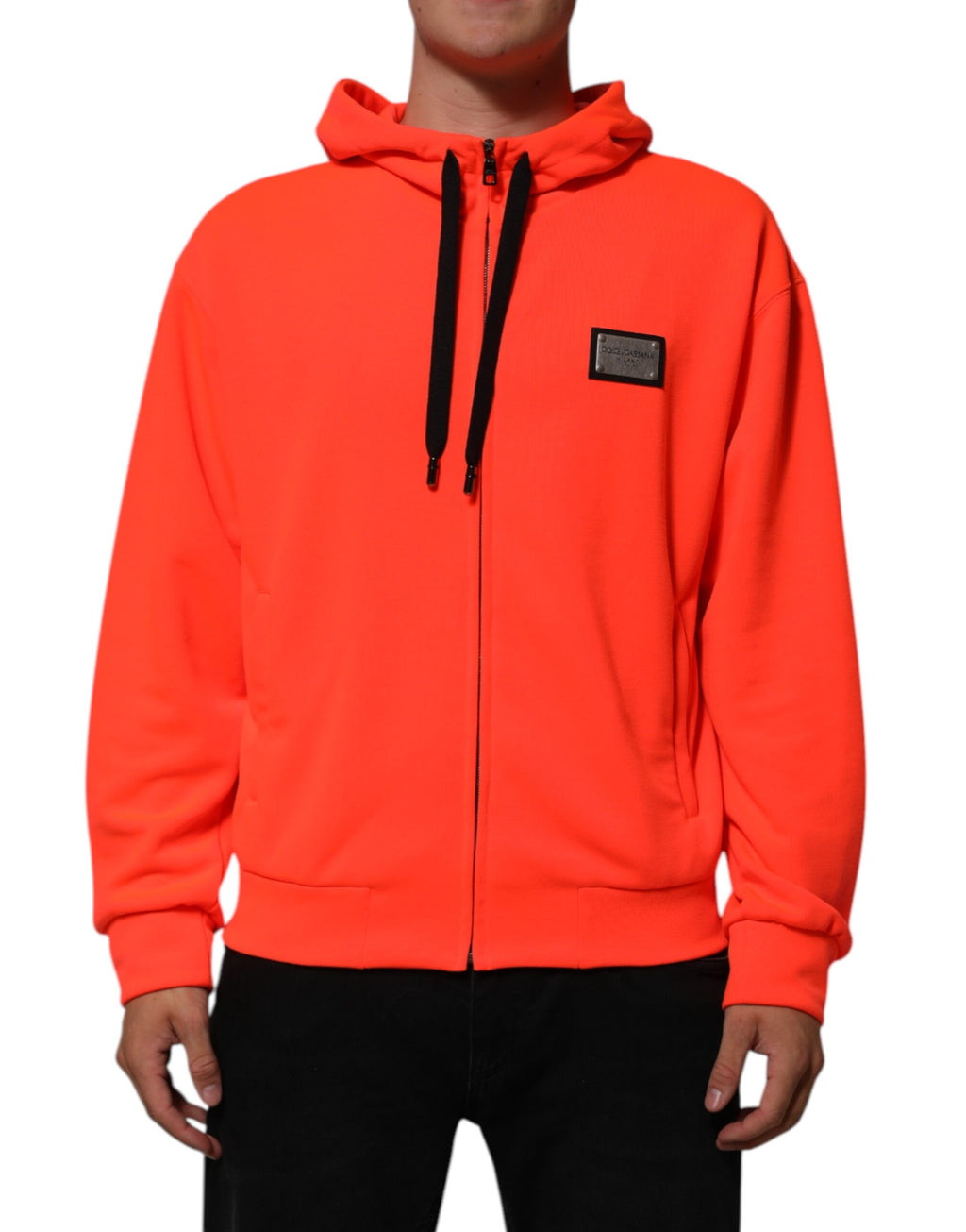Dolce & Gabbana Roter fluoreszierender Polyester-Logo-Patch-Kapuzenpullover