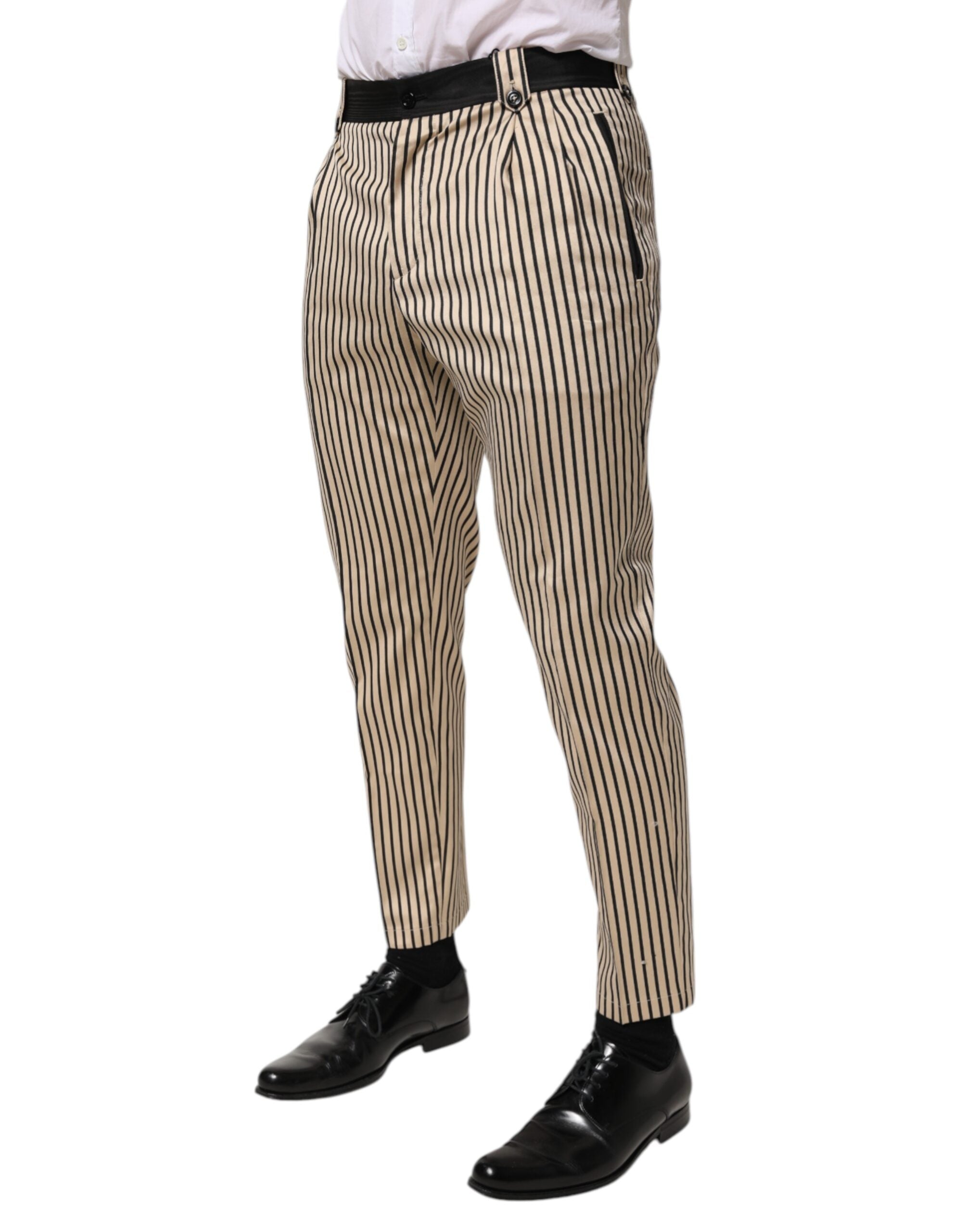 Dolce & Gabbana Beige Black Striped Slim Fit Cotton Trousers