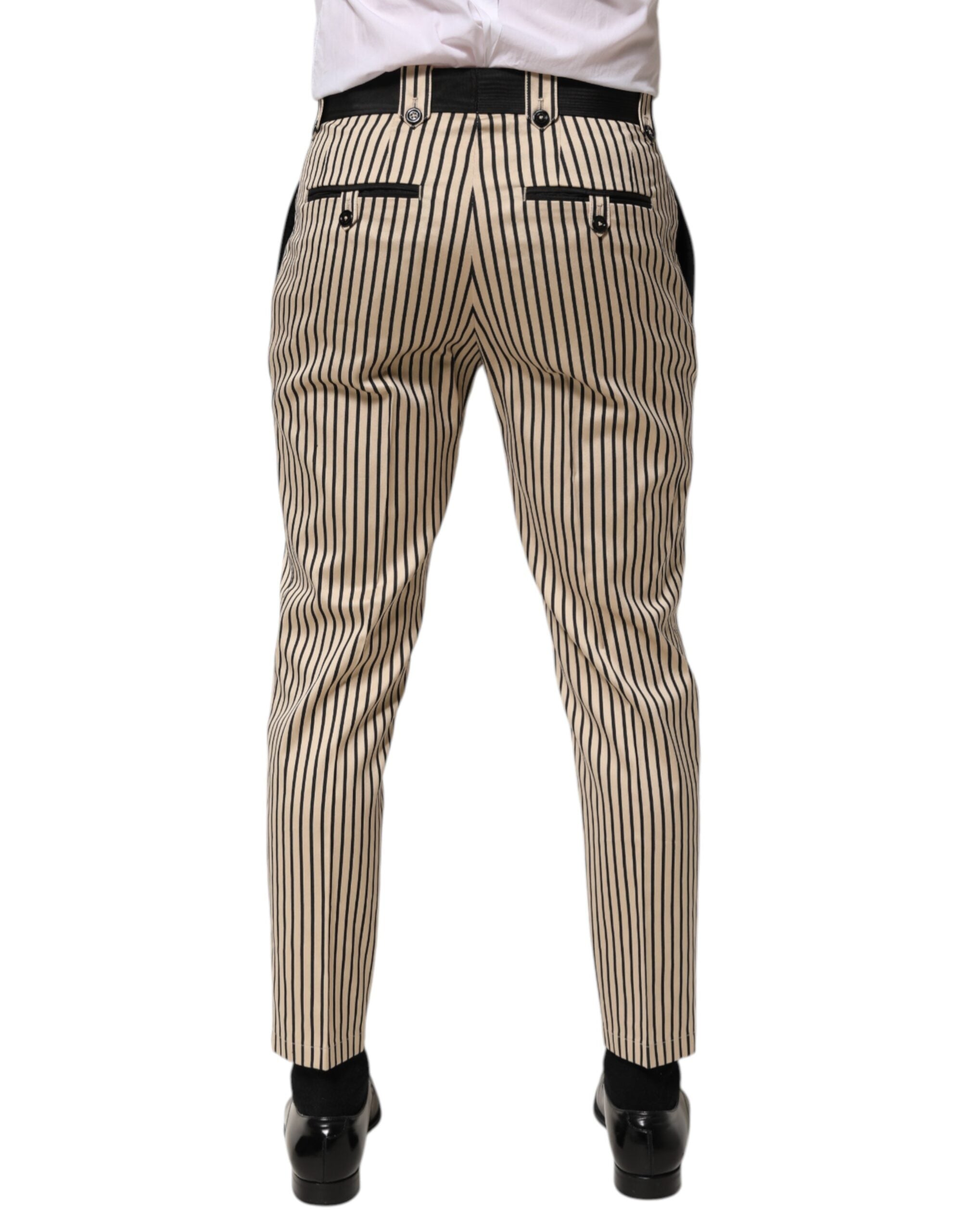 Dolce & Gabbana Beige Black Striped Slim Fit Cotton Trousers