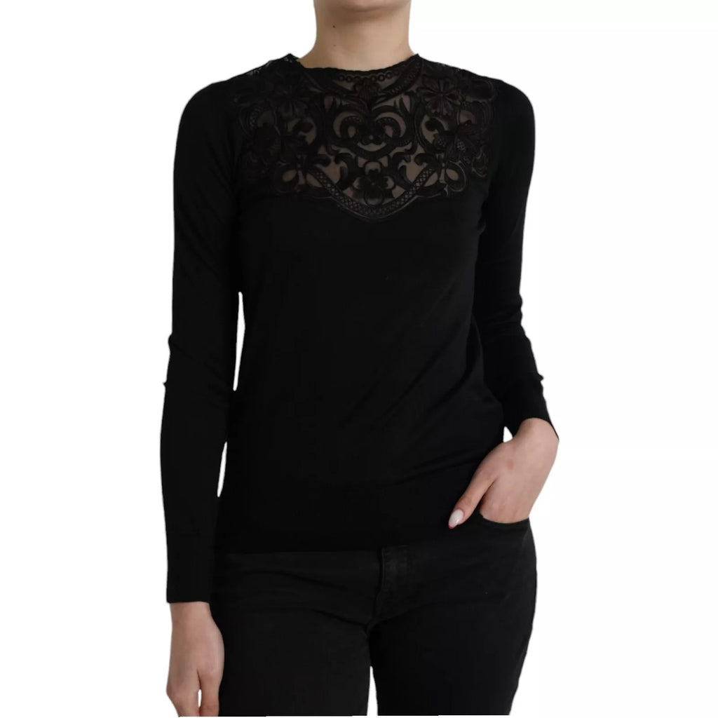 Dolce & Gabbana Schwarzes Seidenblusentop mit Spitzenbesatz und langen Ärmeln