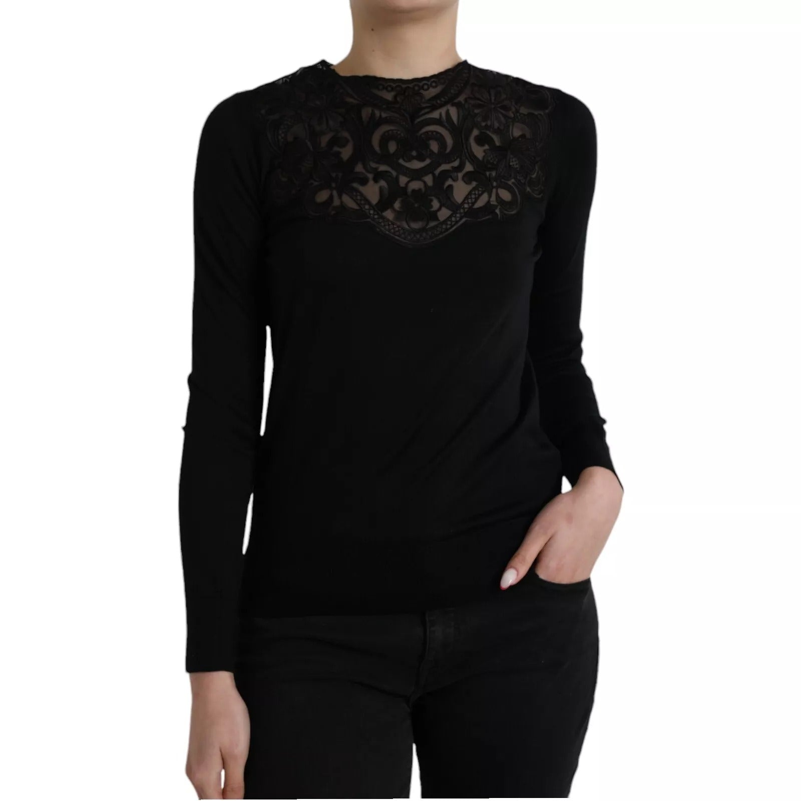 Dolce & Gabbana Schwarzes Seidenblusentop mit Spitzenbesatz und langen Ärmeln