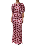 Dolce & Gabbana Rosa-rot gepunktetes Seiden-Satin-Maxi-Kleid