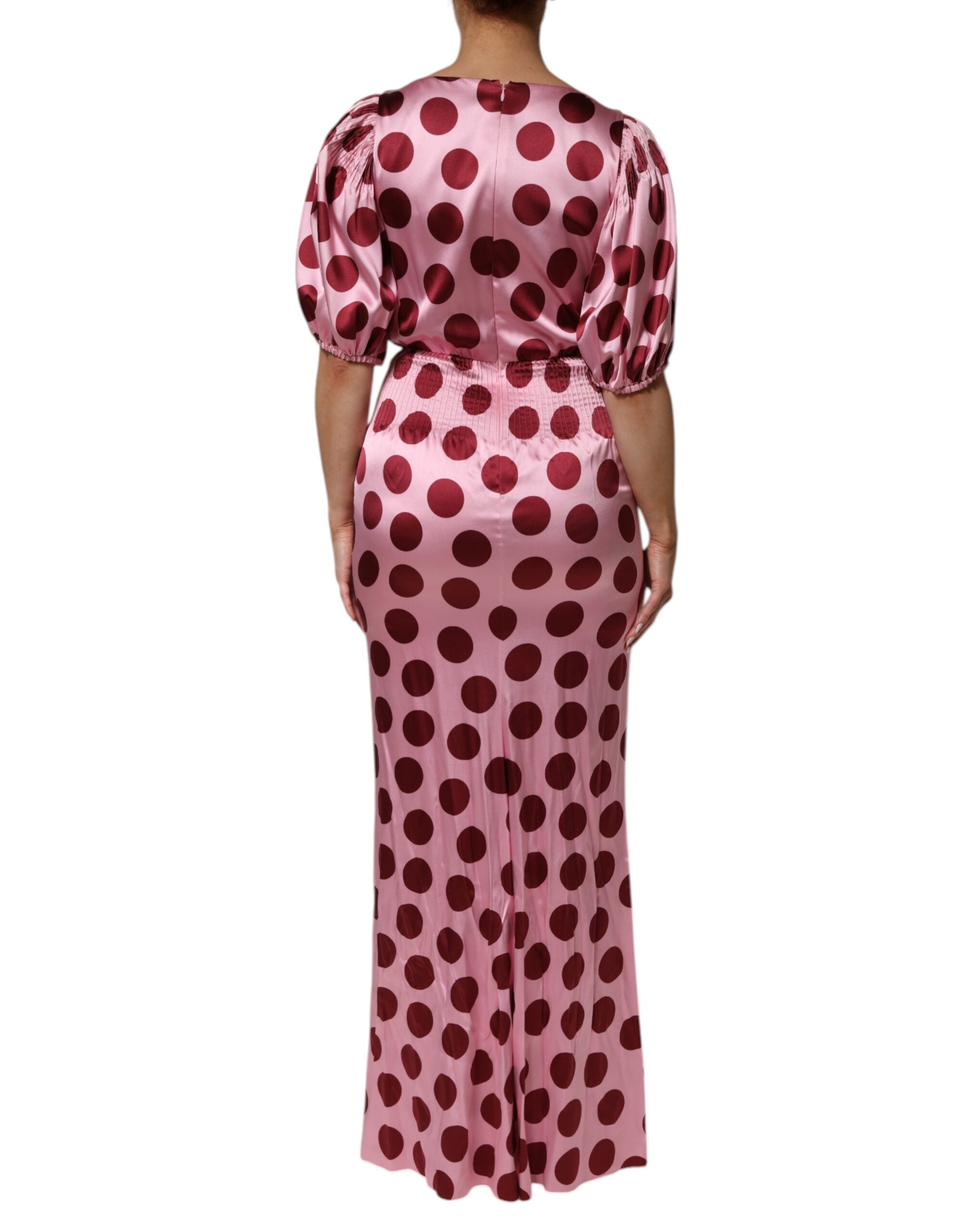 Dolce & Gabbana Rosa-rot gepunktetes Seiden-Satin-Maxi-Kleid