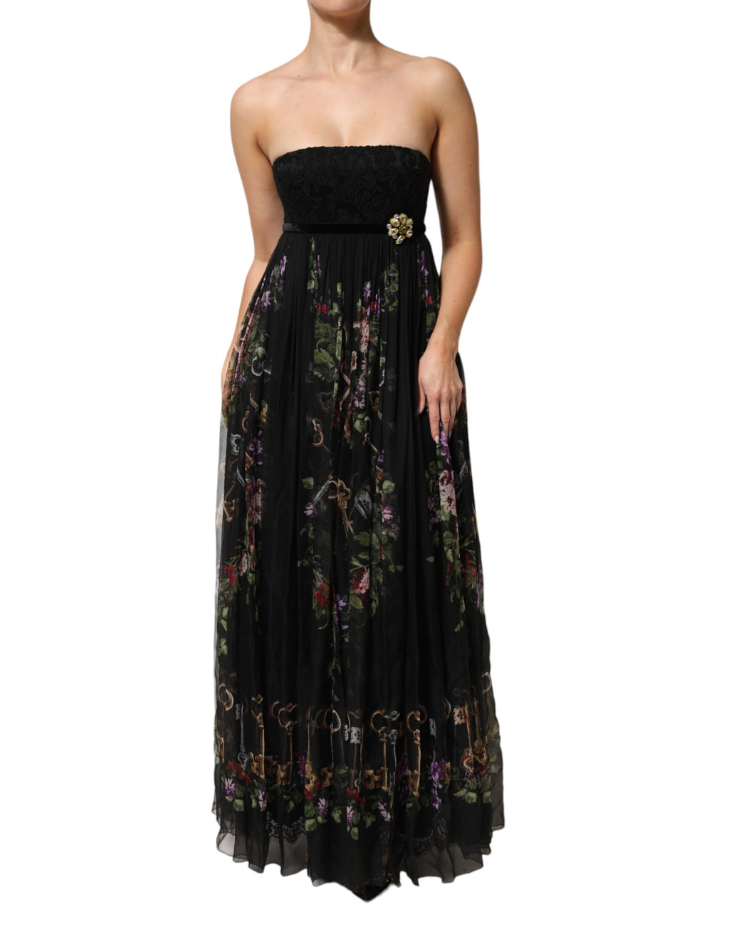 Dolce & Gabbana Black Floral Crystal Embellished Strapless Dress