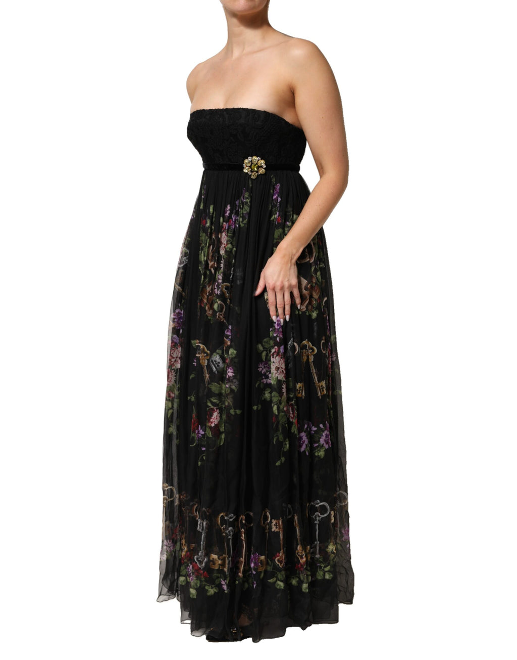 Dolce & Gabbana Black Floral Crystal Embellished Strapless Dress