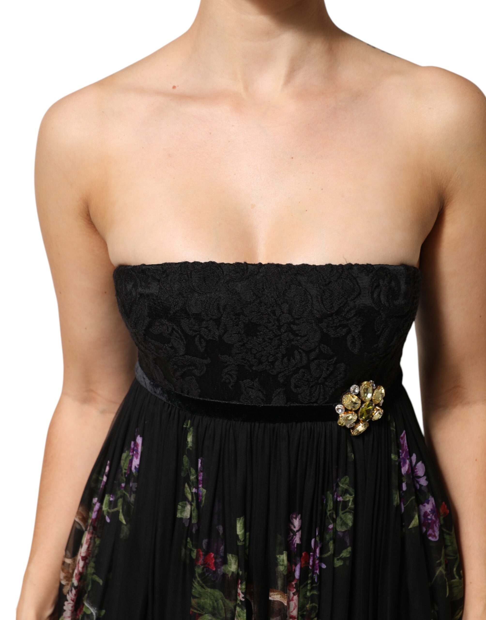 Dolce & Gabbana Black Floral Crystal Embellished Strapless Dress