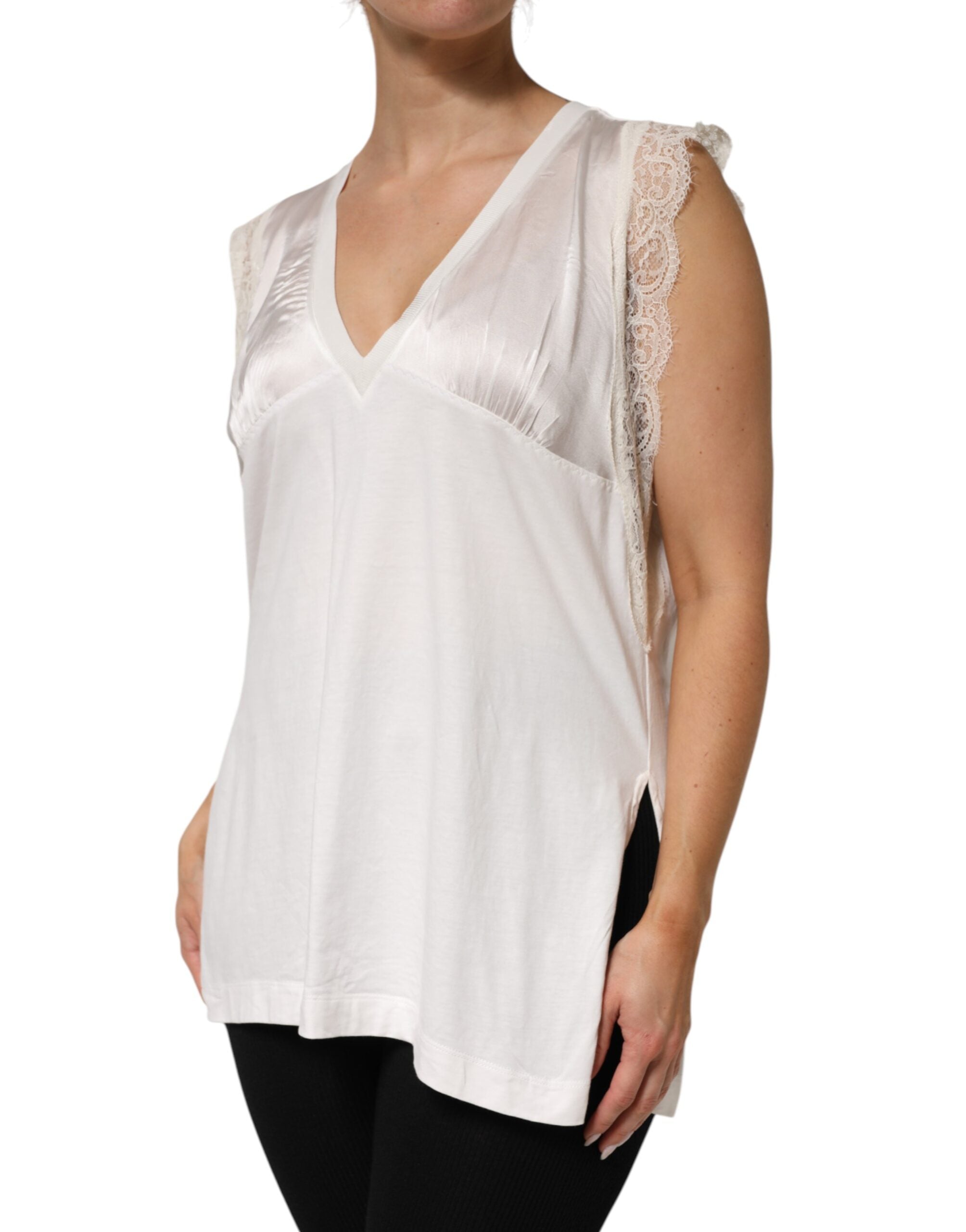 PINKO Weißes Seidenmischung Spitzenbesatz Ärmelloses V-Ausschnitt Damen Top
