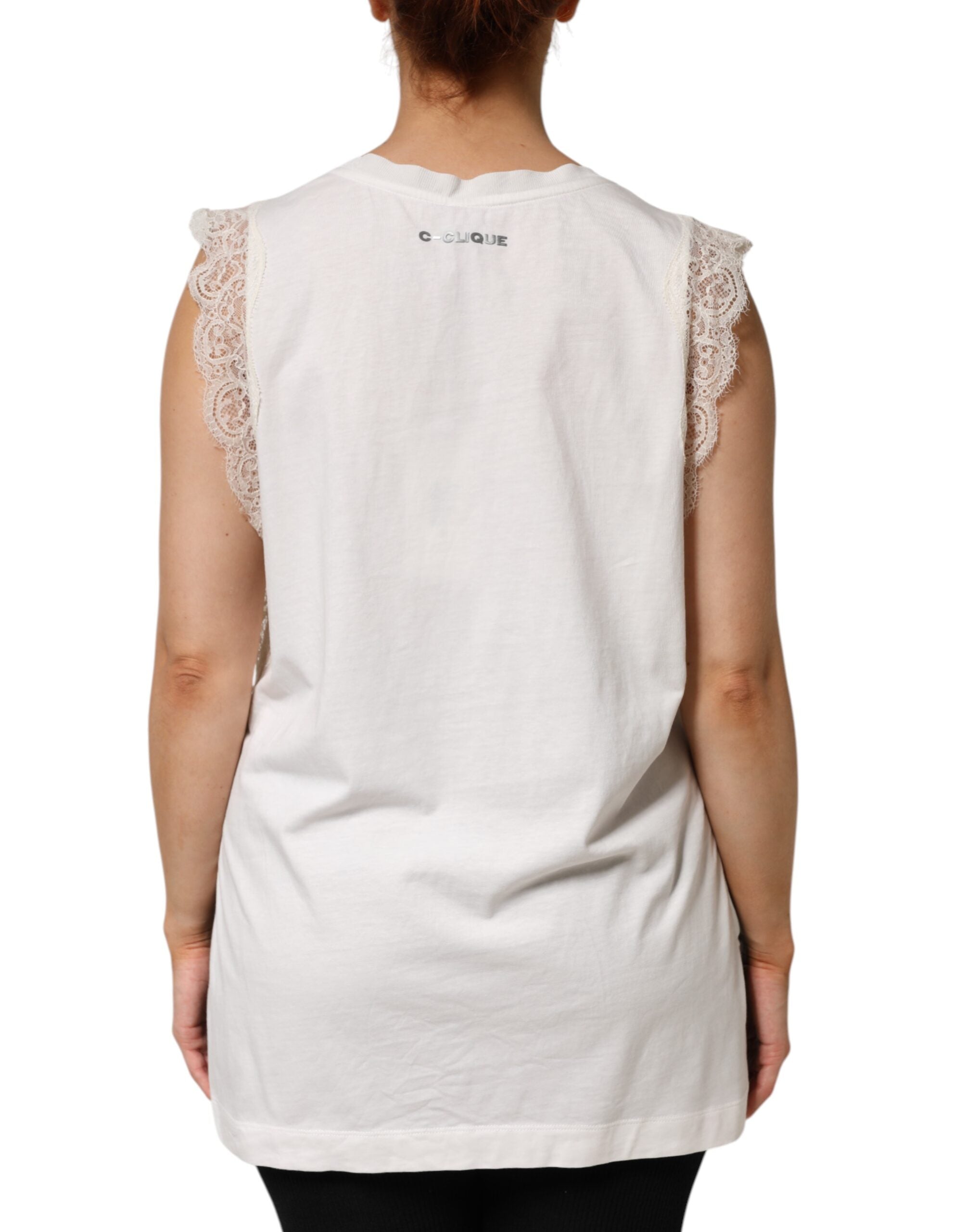PINKO Weißes Seidenmischung Spitzenbesatz Ärmelloses V-Ausschnitt Damen Top