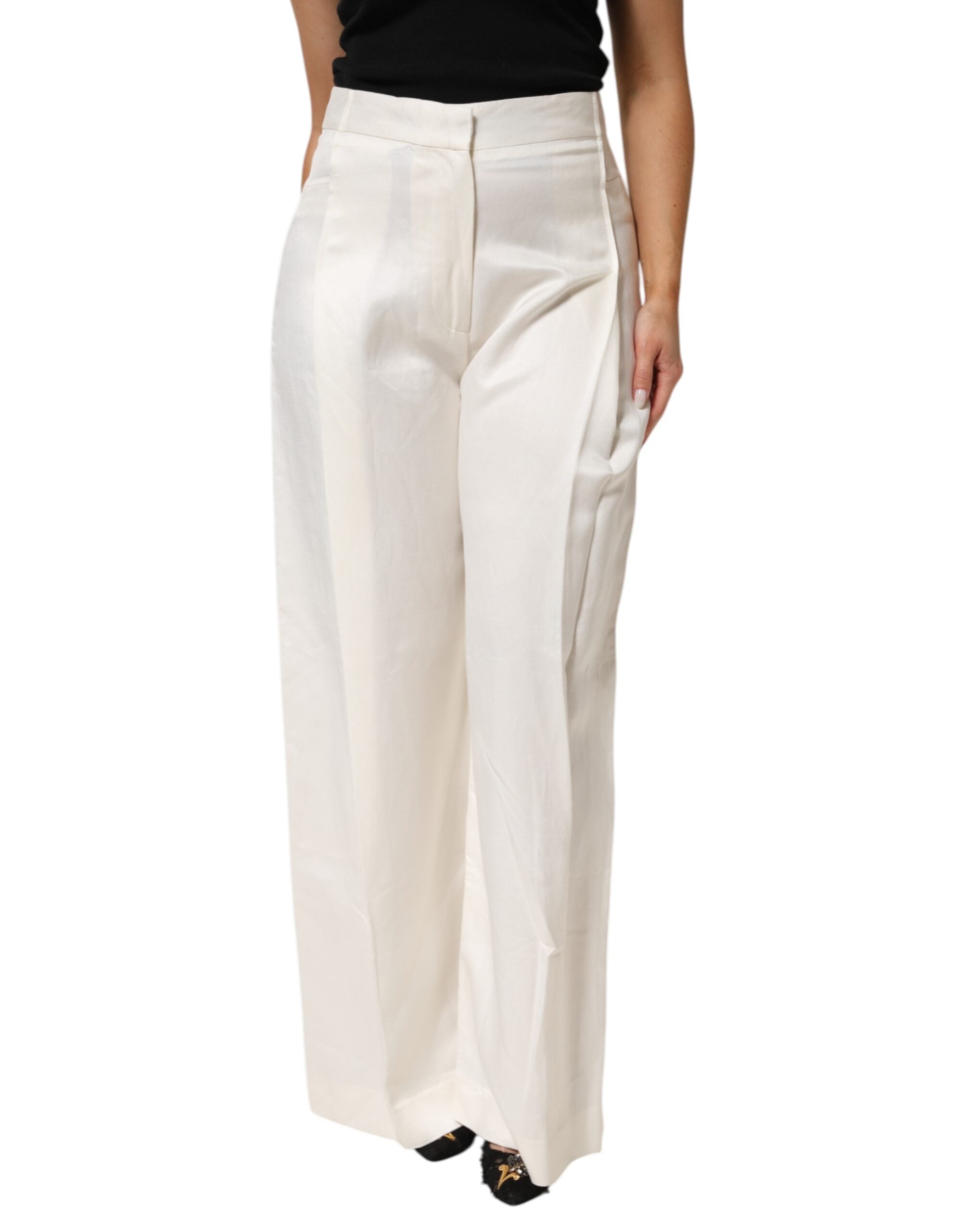 Brian Dales White Viscose Linen Wide Leg Palazzo Trousers for Women