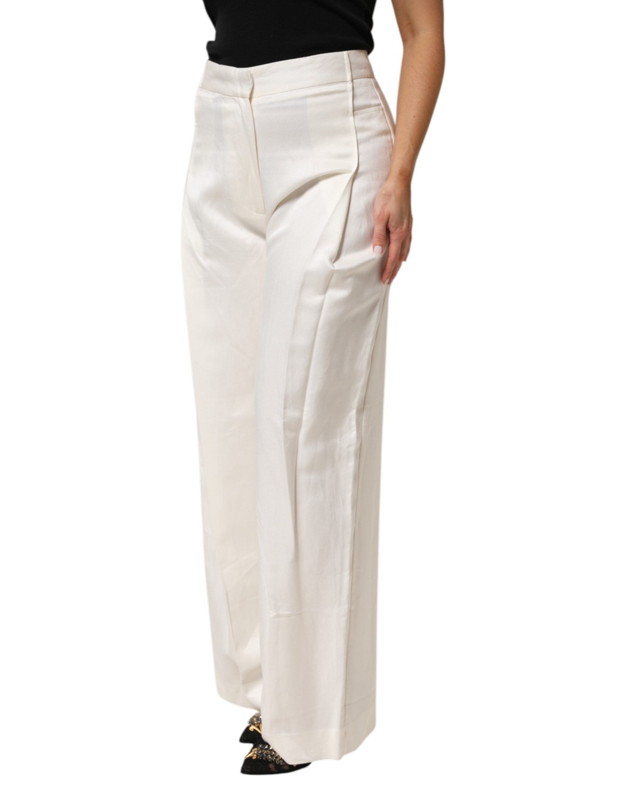 Brian Dales White Viscose Linen Wide Leg Palazzo Trousers for Women