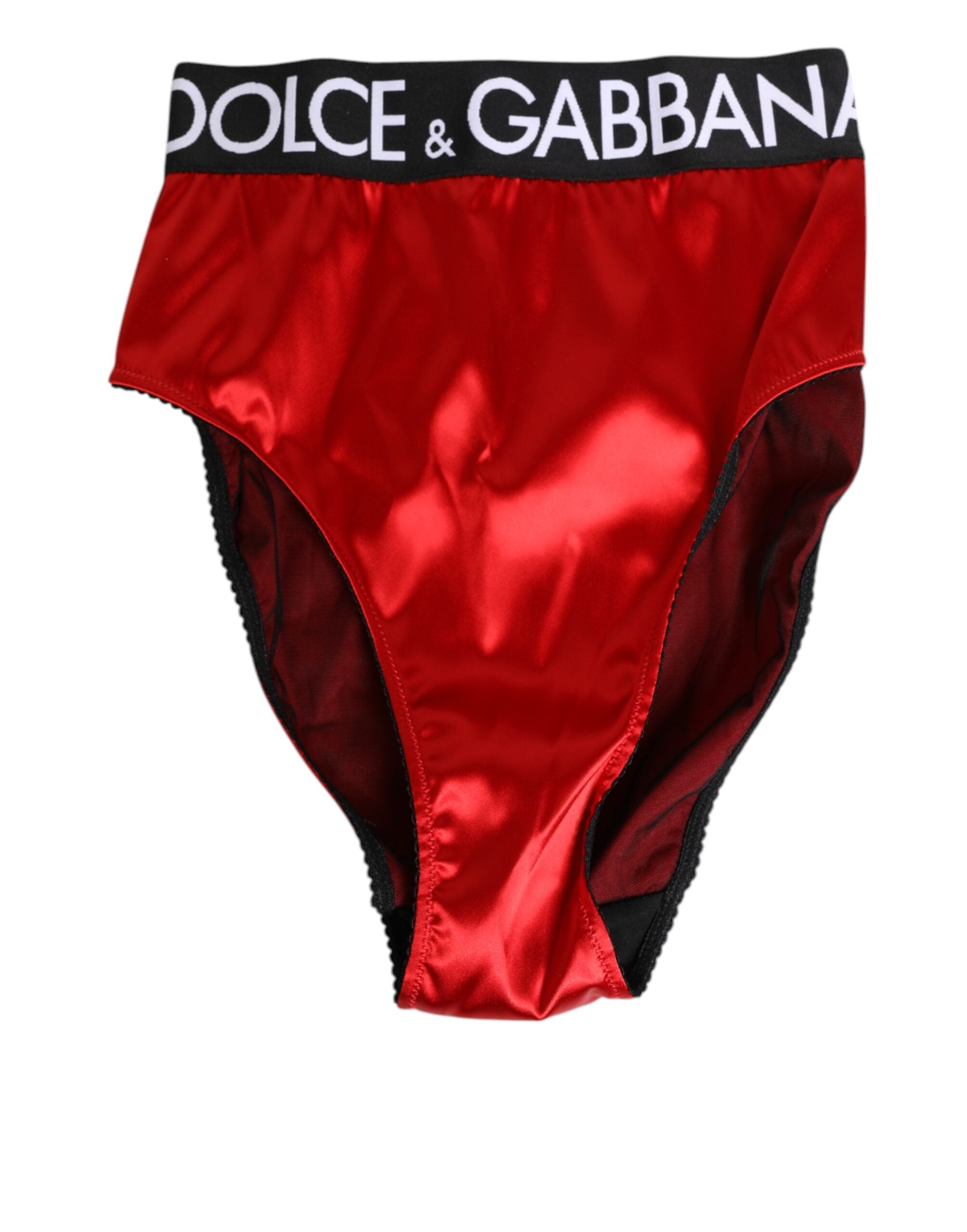 Dolce & Gabbana Red High-Waisted Logo Satin Briefs Women's Underwear