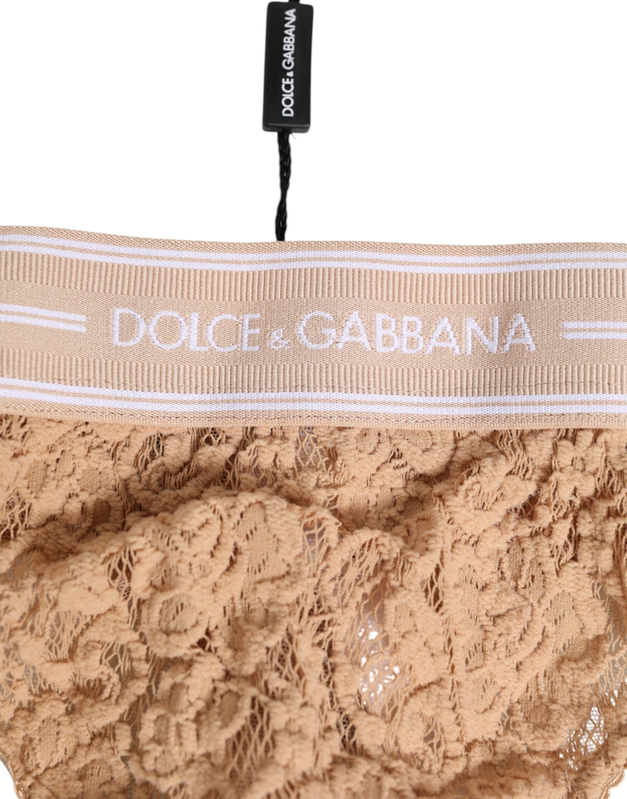 Dolce & Gabbana Beige Lace Logo Elastic Waist Thong Underwear