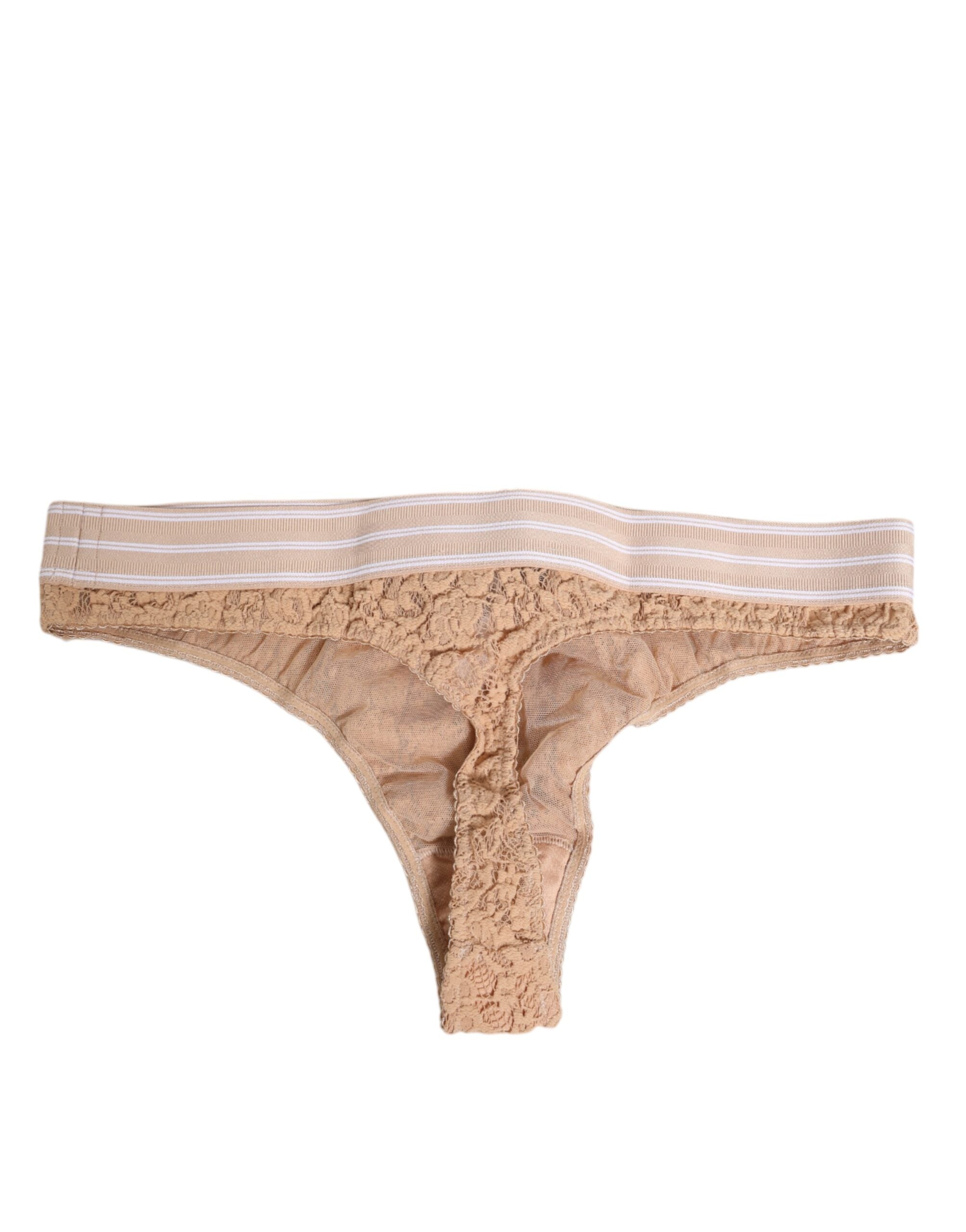 Dolce & Gabbana Beige Lace Logo Elastic Waist Thong Underwear