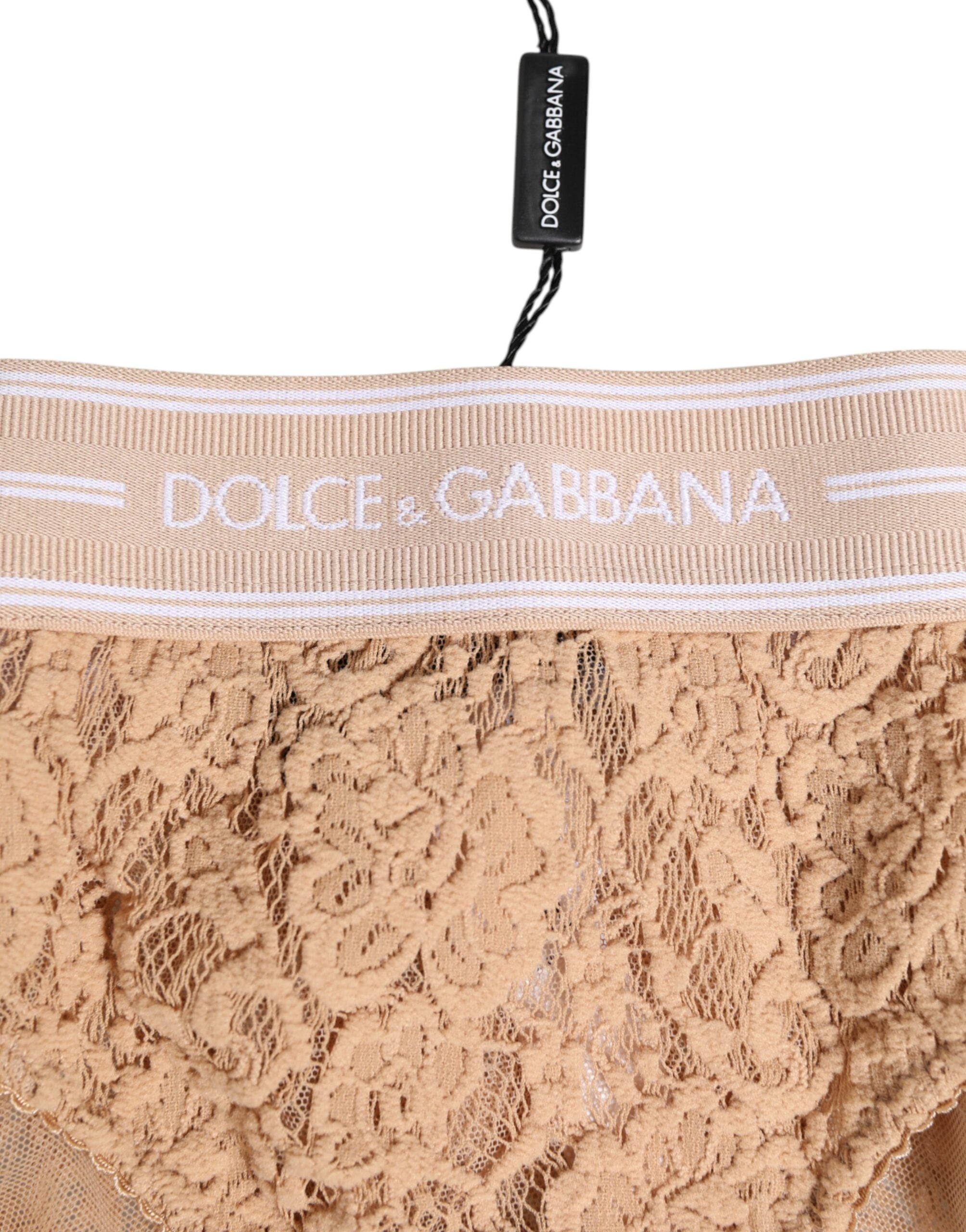 Dolce & Gabbana Beige Lace Brazilian Brief Logo Waistband Underwear