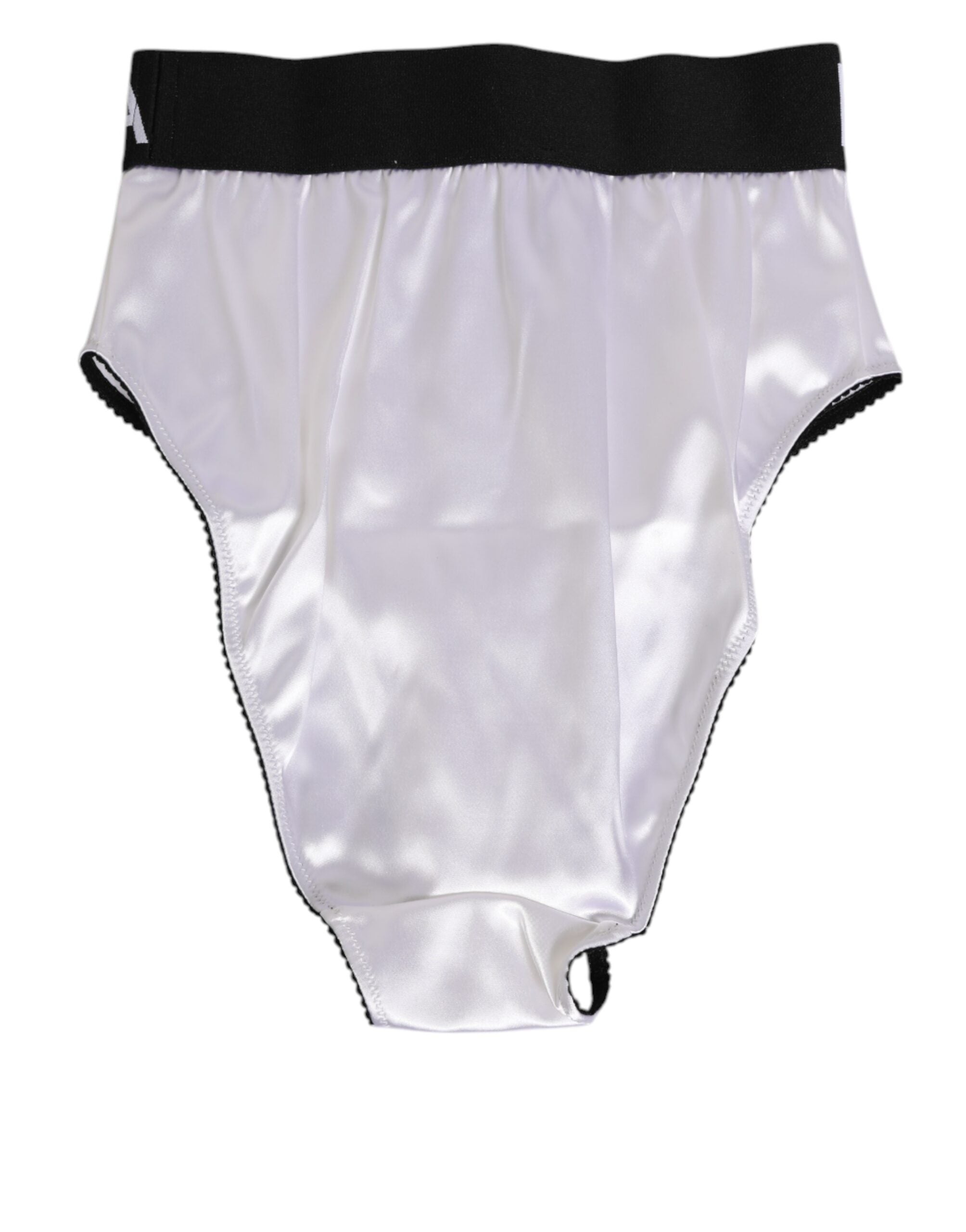 Dolce & Gabbana Weißer Satin Hochtaille Schwarzes Logo Damen Unterwäsche