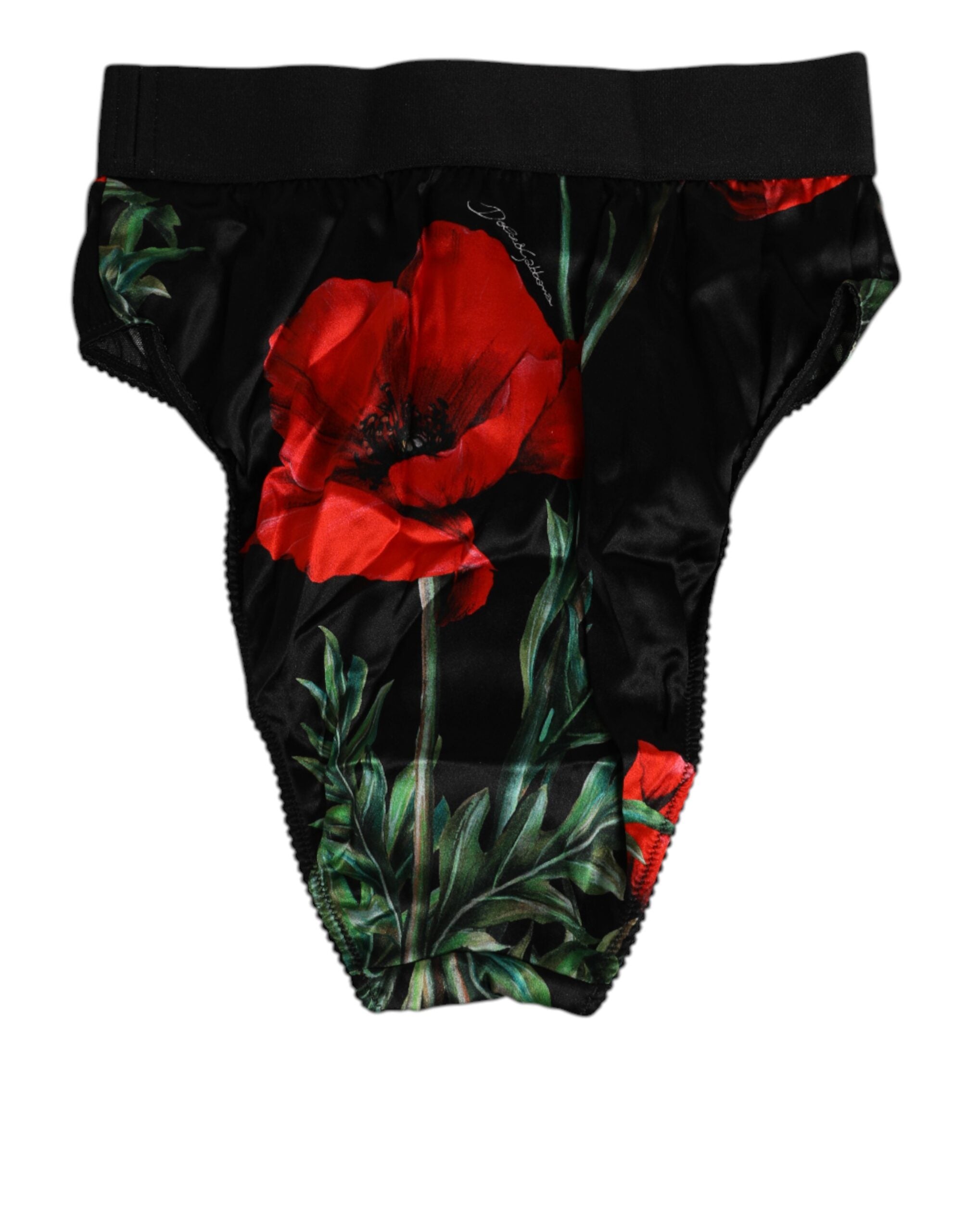 Dolce & Gabbana Schwarze Floral Print High Waist Sheer Mesh Unterwäsche