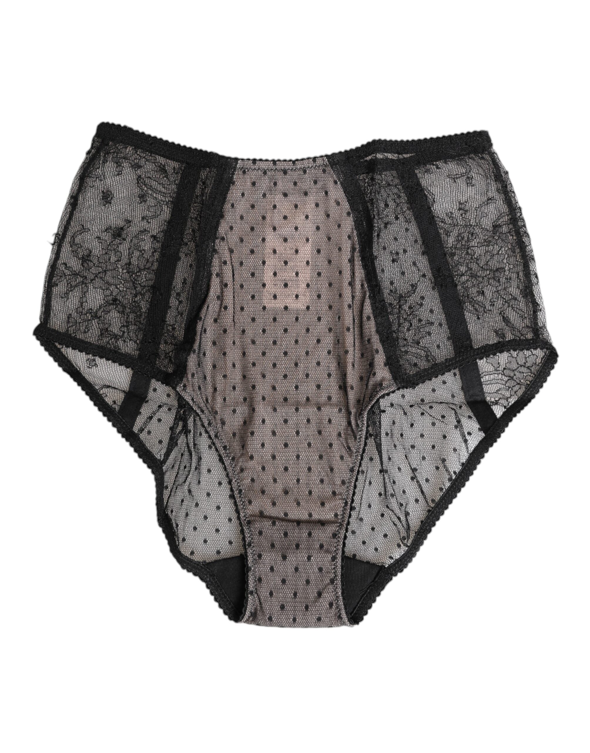 Dolce & Gabbana Black Transparent Polka Dot High-Waisted Lace Underwear