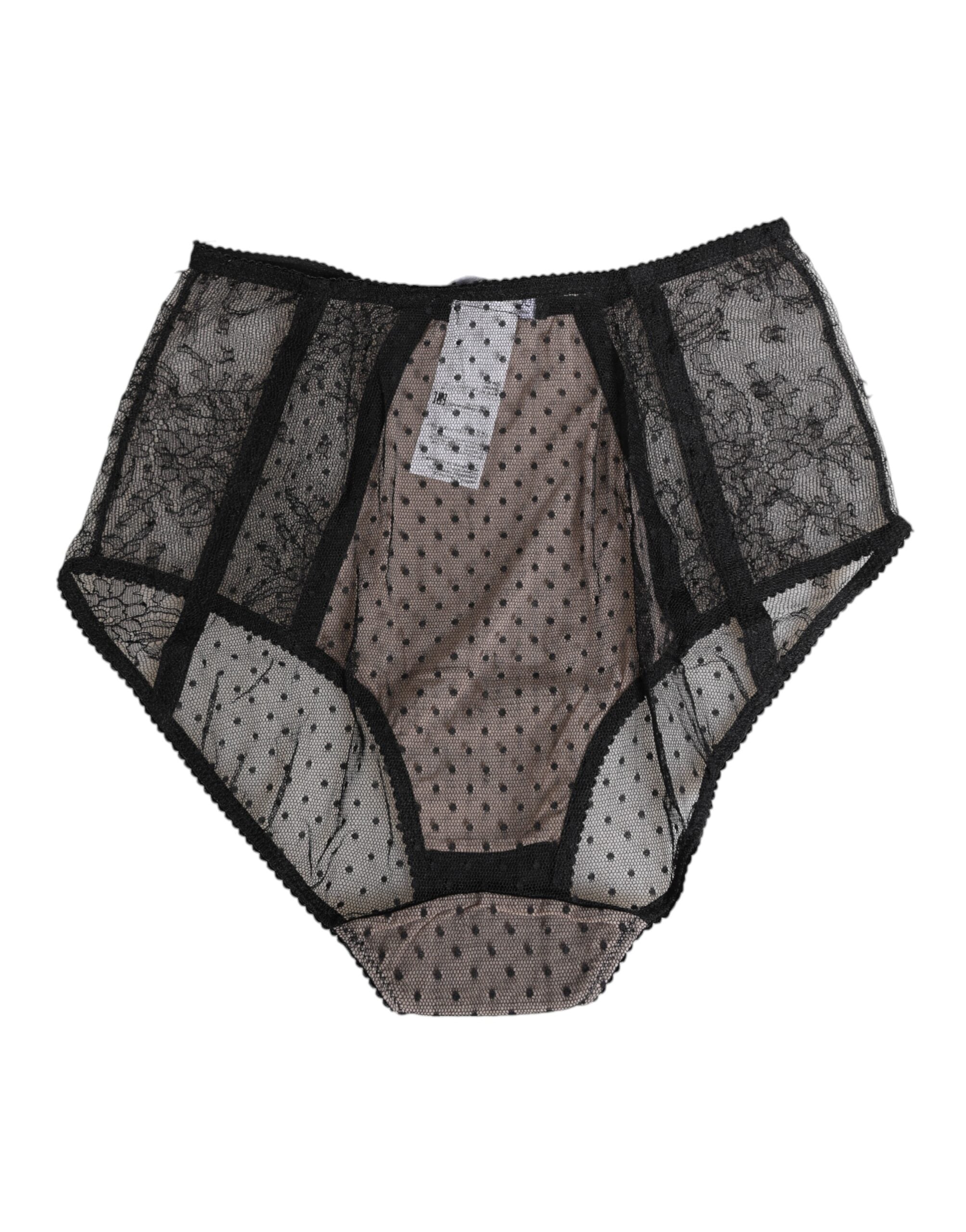 Dolce & Gabbana Black Transparent Polka Dot High-Waisted Lace Underwear