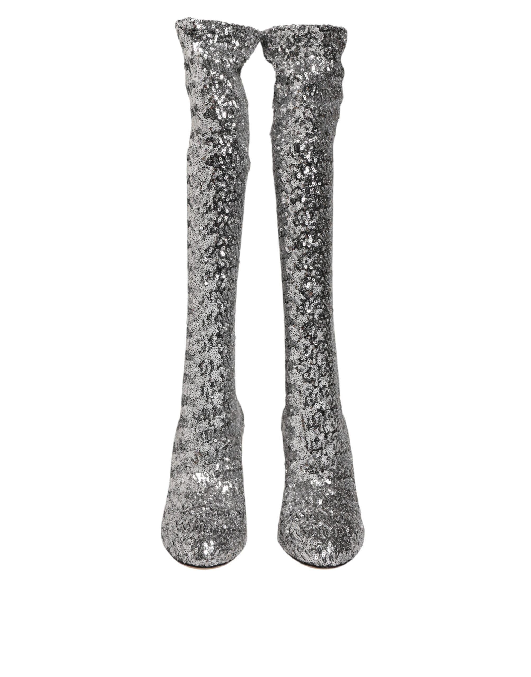 Dolce & Gabbana Shoes Silver Sequin Glitter High Heel Boots Shoes