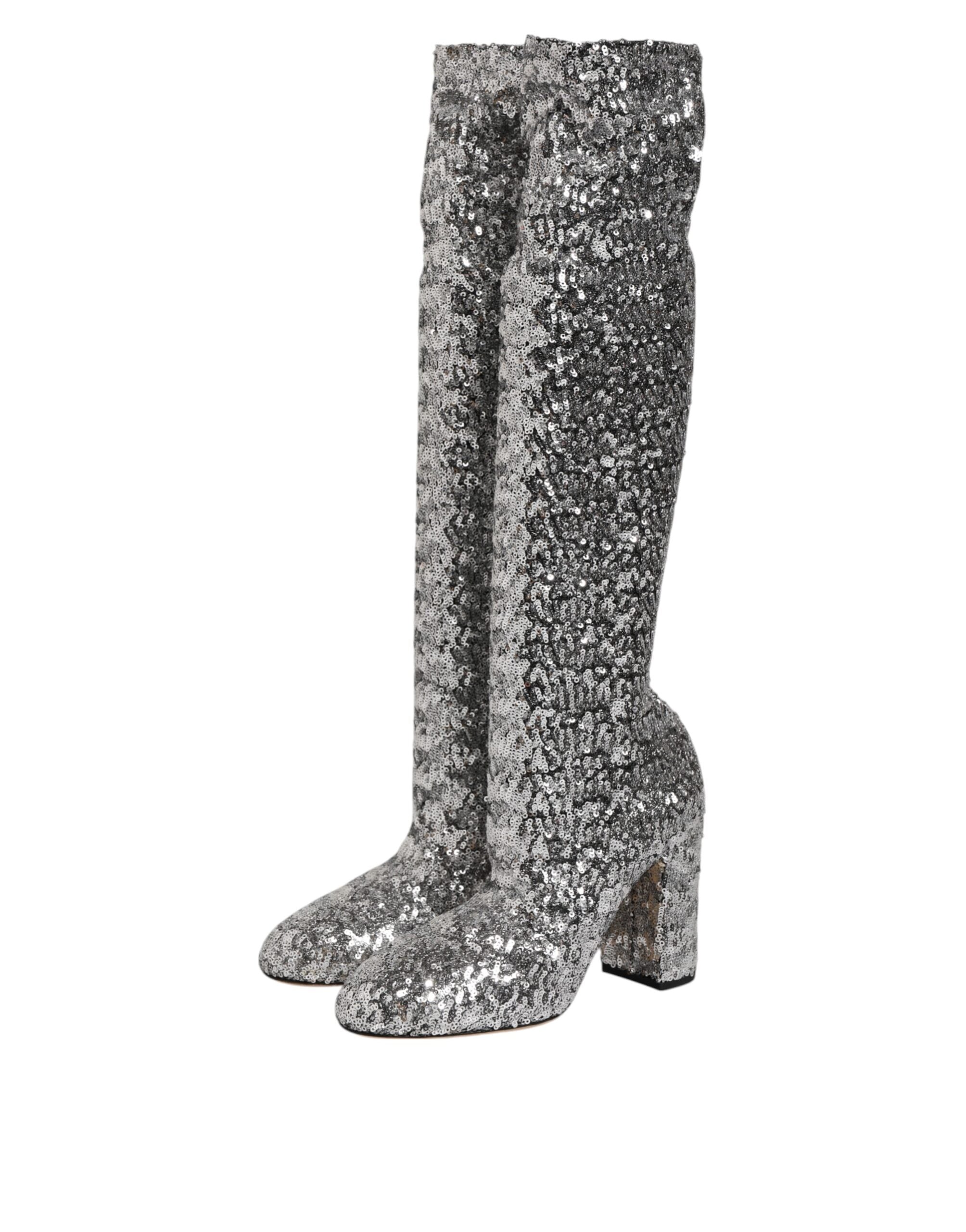 Dolce & Gabbana Shoes Silver Sequin Glitter High Heel Boots Shoes