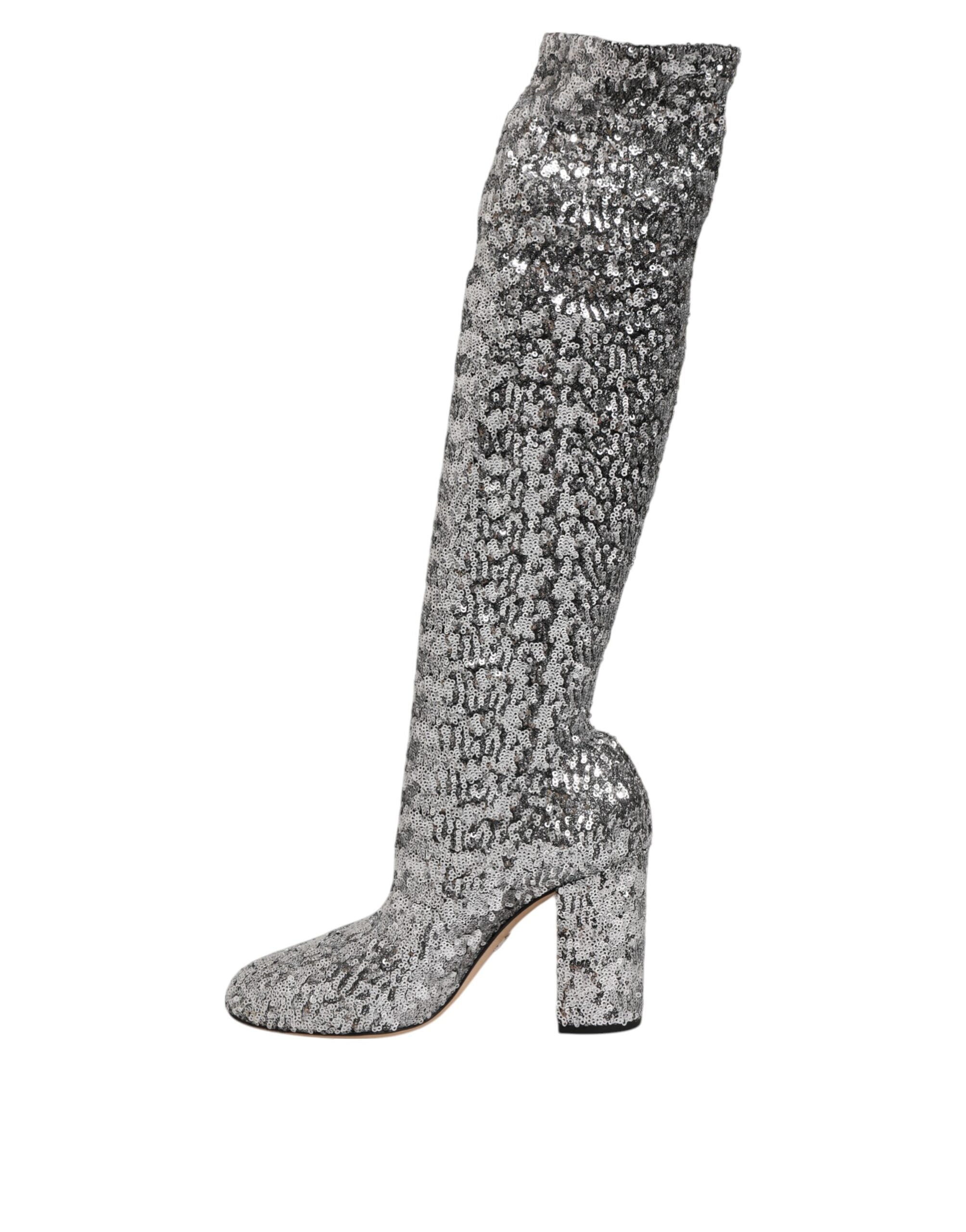 Dolce & Gabbana Shoes Silver Sequin Glitter High Heel Boots Shoes