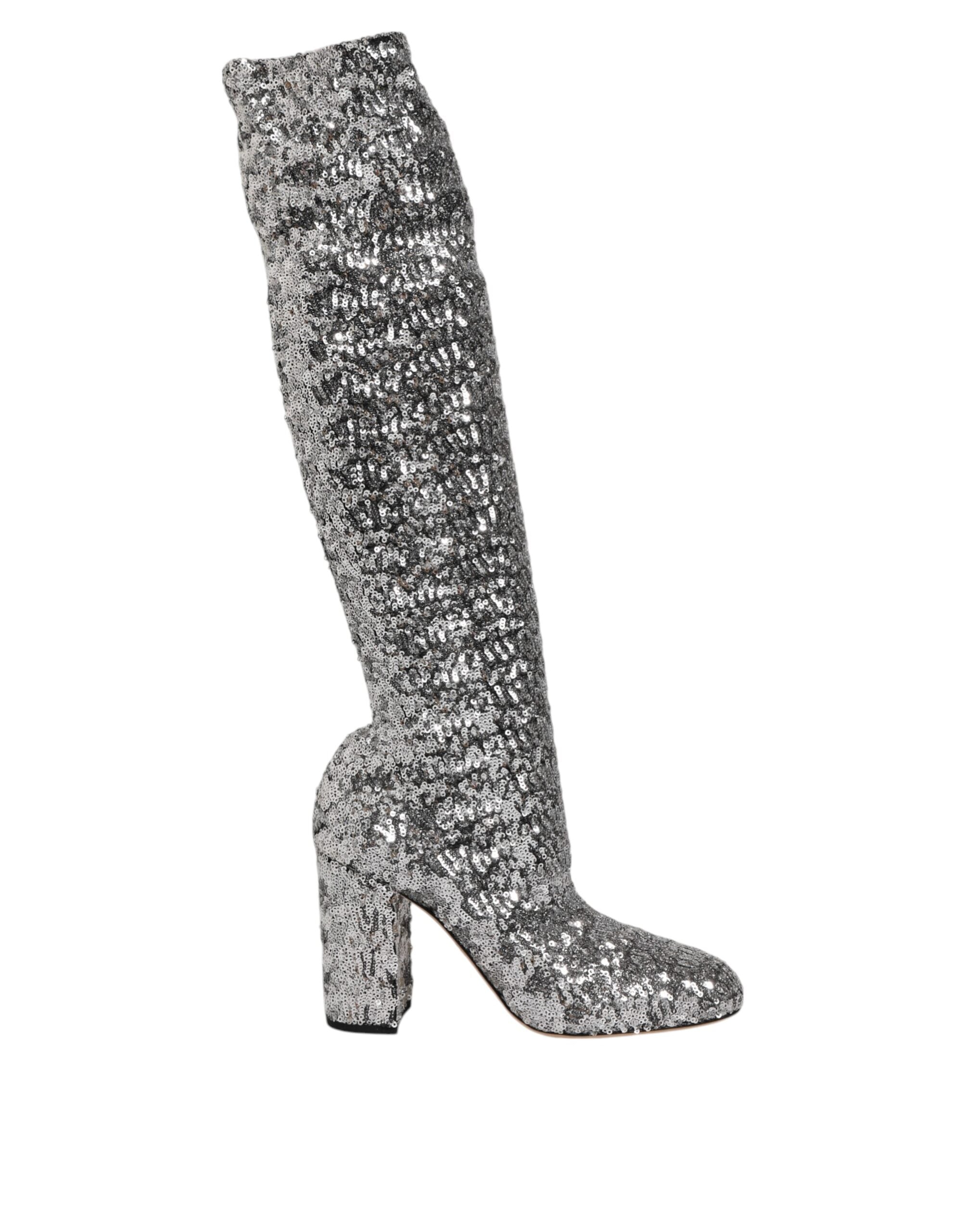 Dolce & Gabbana Shoes Silver Sequin Glitter High Heel Boots Shoes