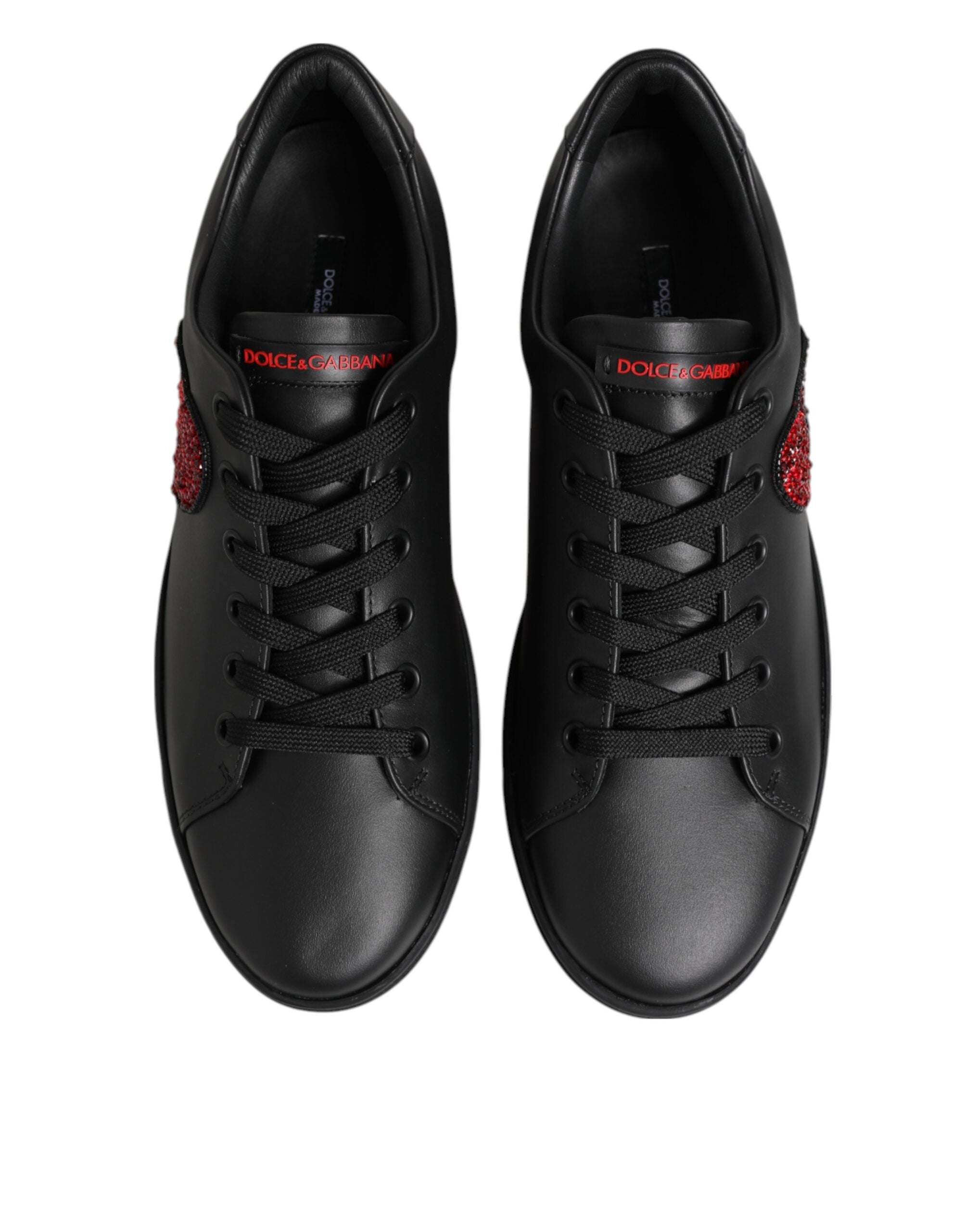 Dolce & Gabbana Schwarz Leder Crystal Heart Low Top Sneakers Schuhe
