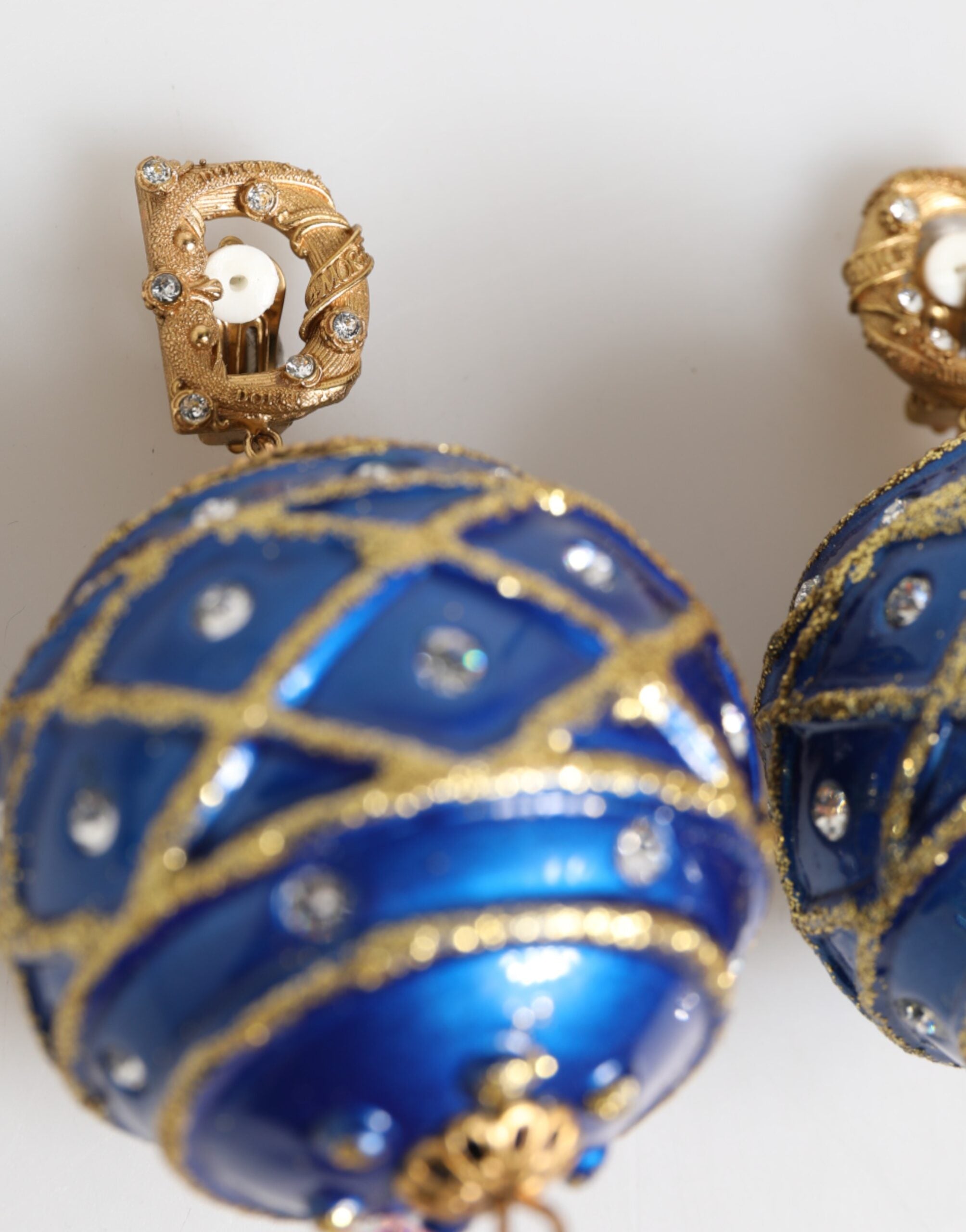 Dolce & Gabbana Gold Brass Blue Christmas Bauble Crystal Drop Clip-On Earrings