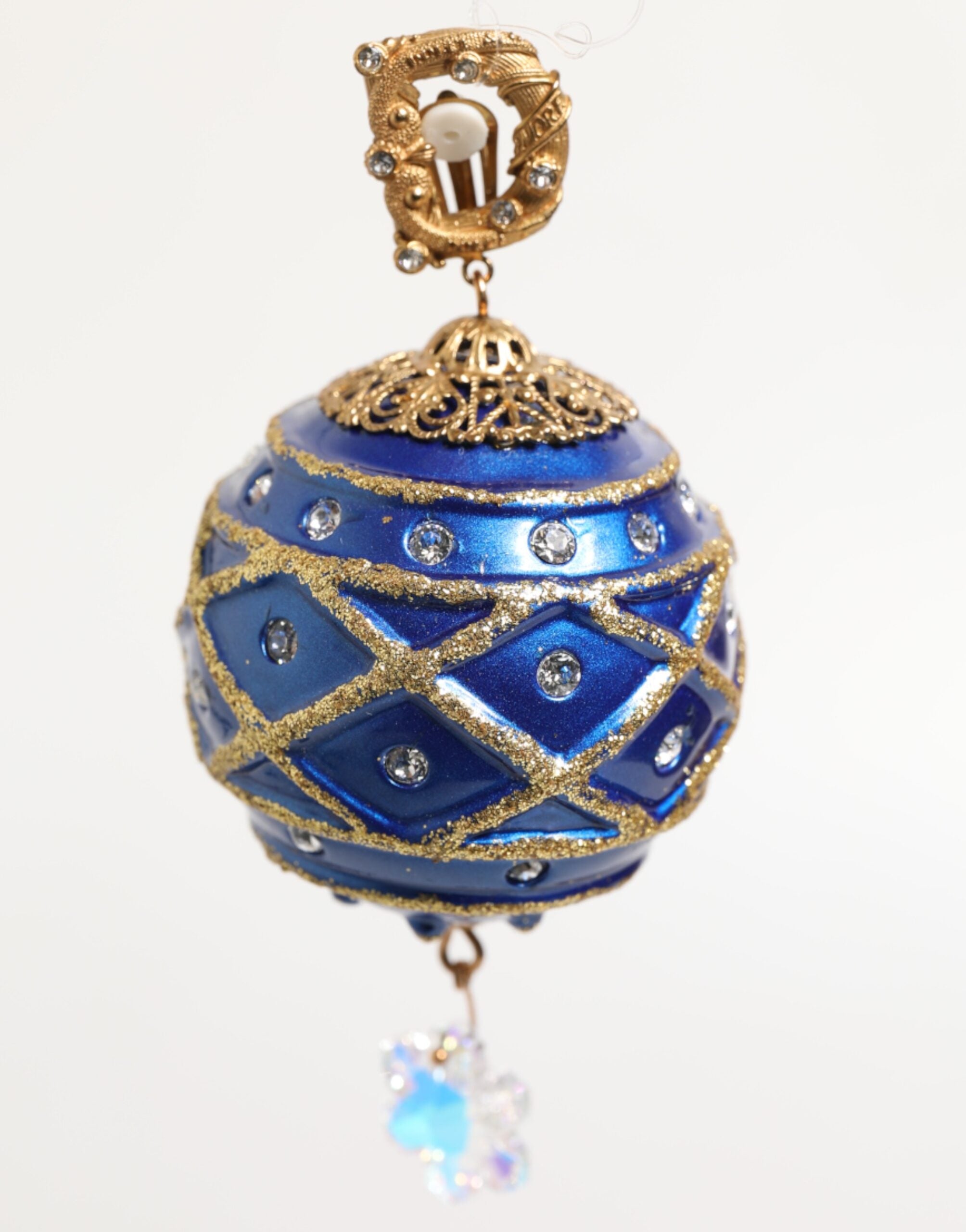 Dolce & Gabbana Gold Brass Blue Christmas Bauble Crystal Drop Clip-On Earrings