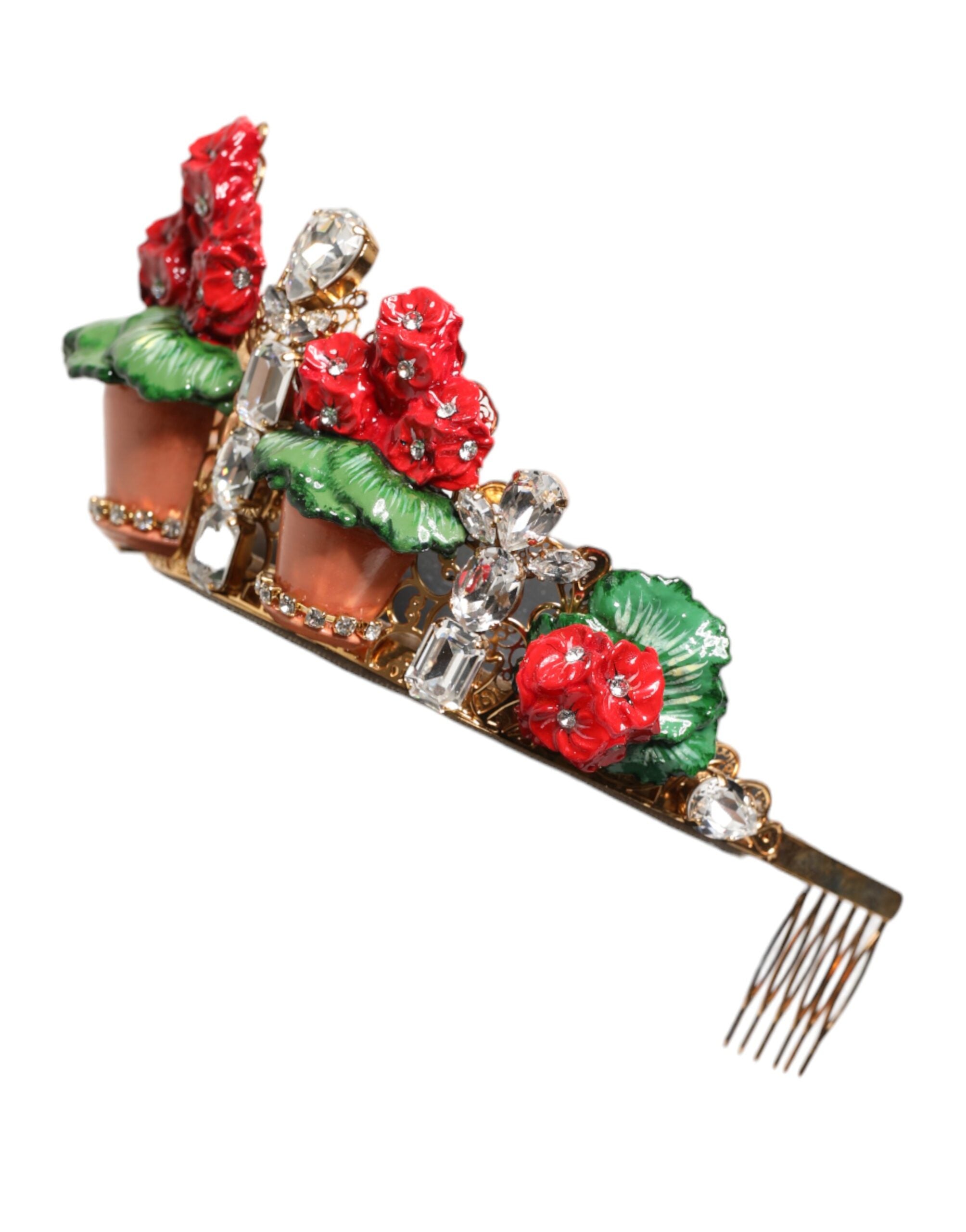 Dolce & Gabbana Red Flower Crystal Gold Crown Tiara Headband
