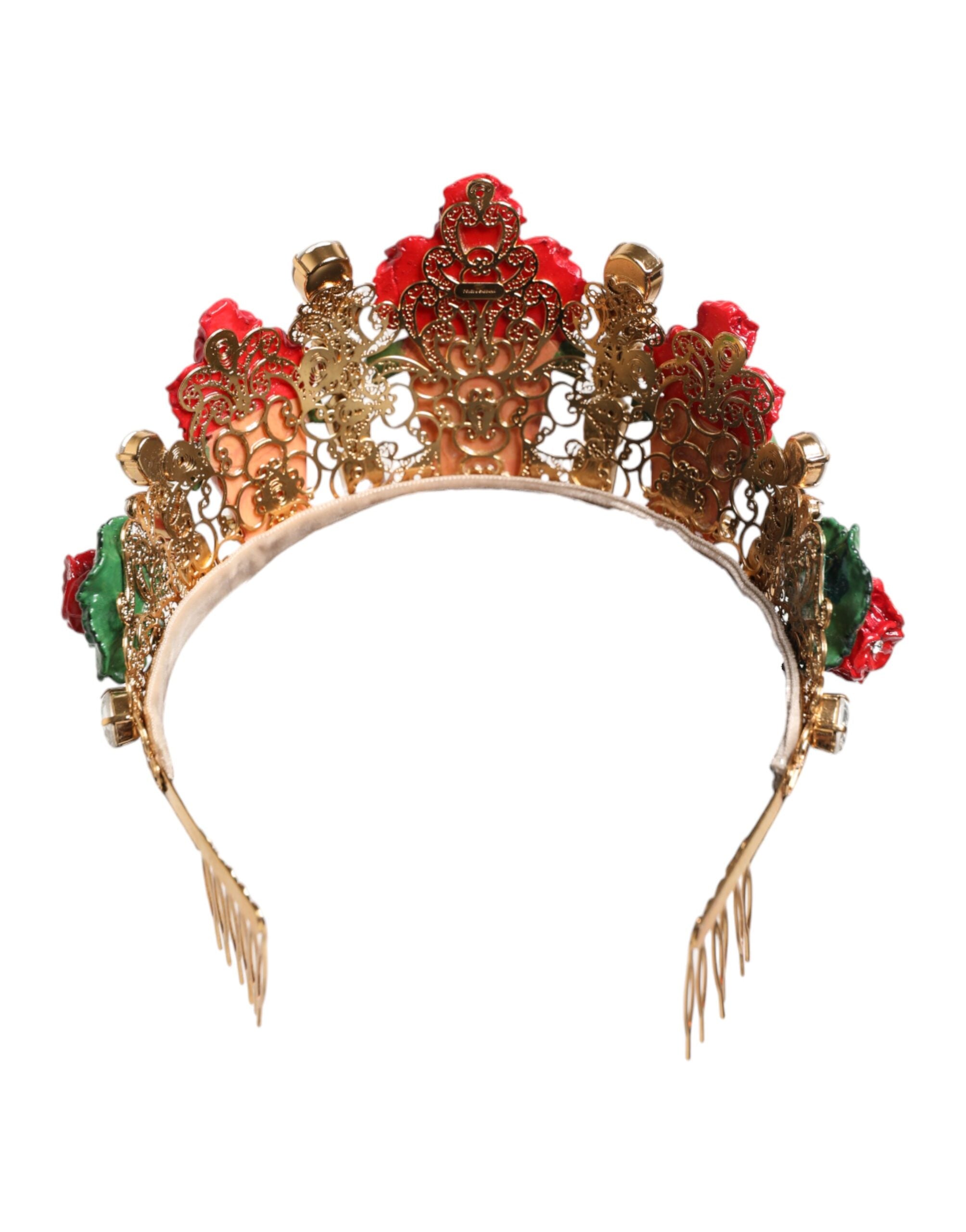 Dolce & Gabbana Red Flower Crystal Gold Crown Tiara Headband