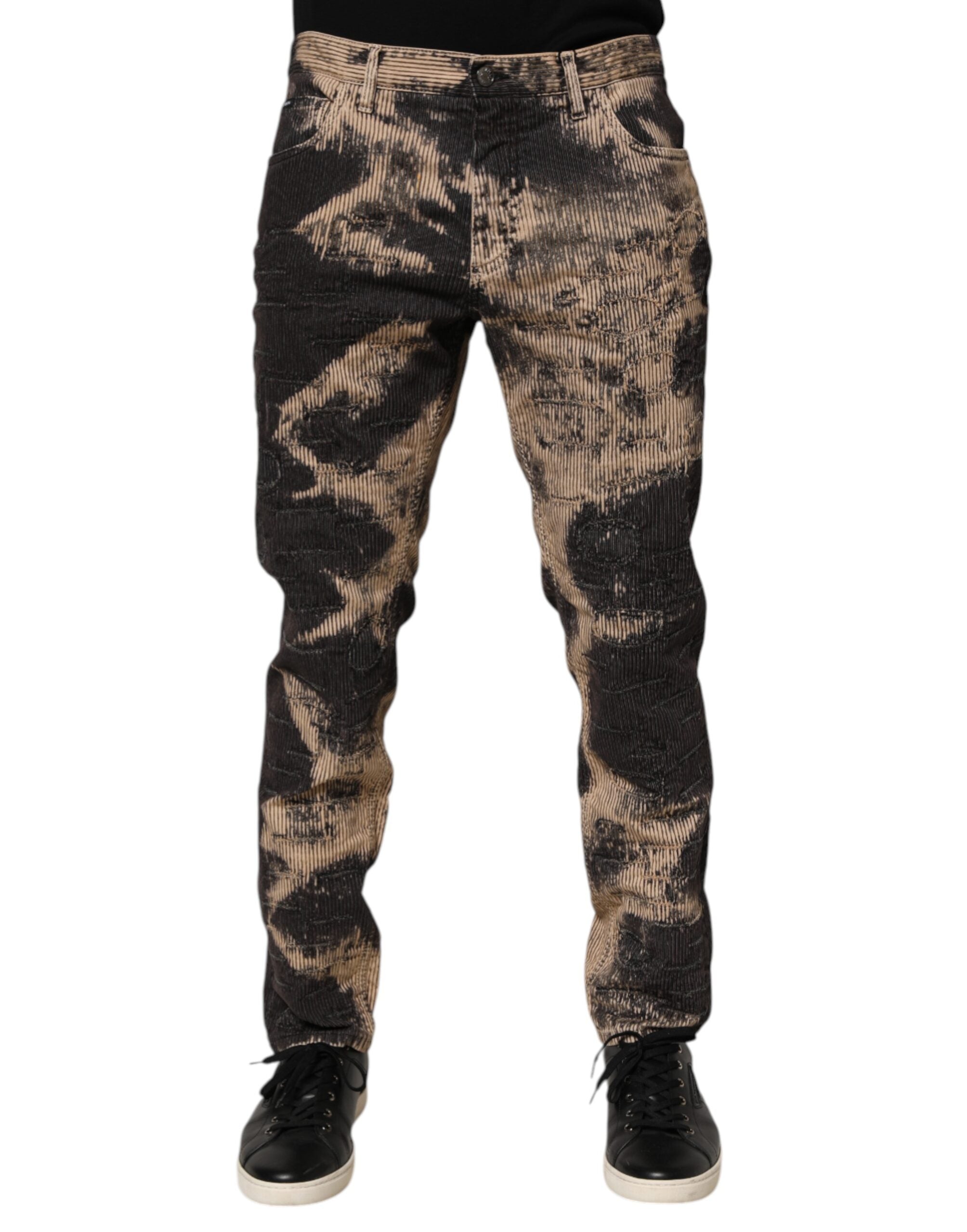 Dolce & Gabbana Beige Schwarze Cord-Hose mit Krawattenmuster aus Baumwollmischung