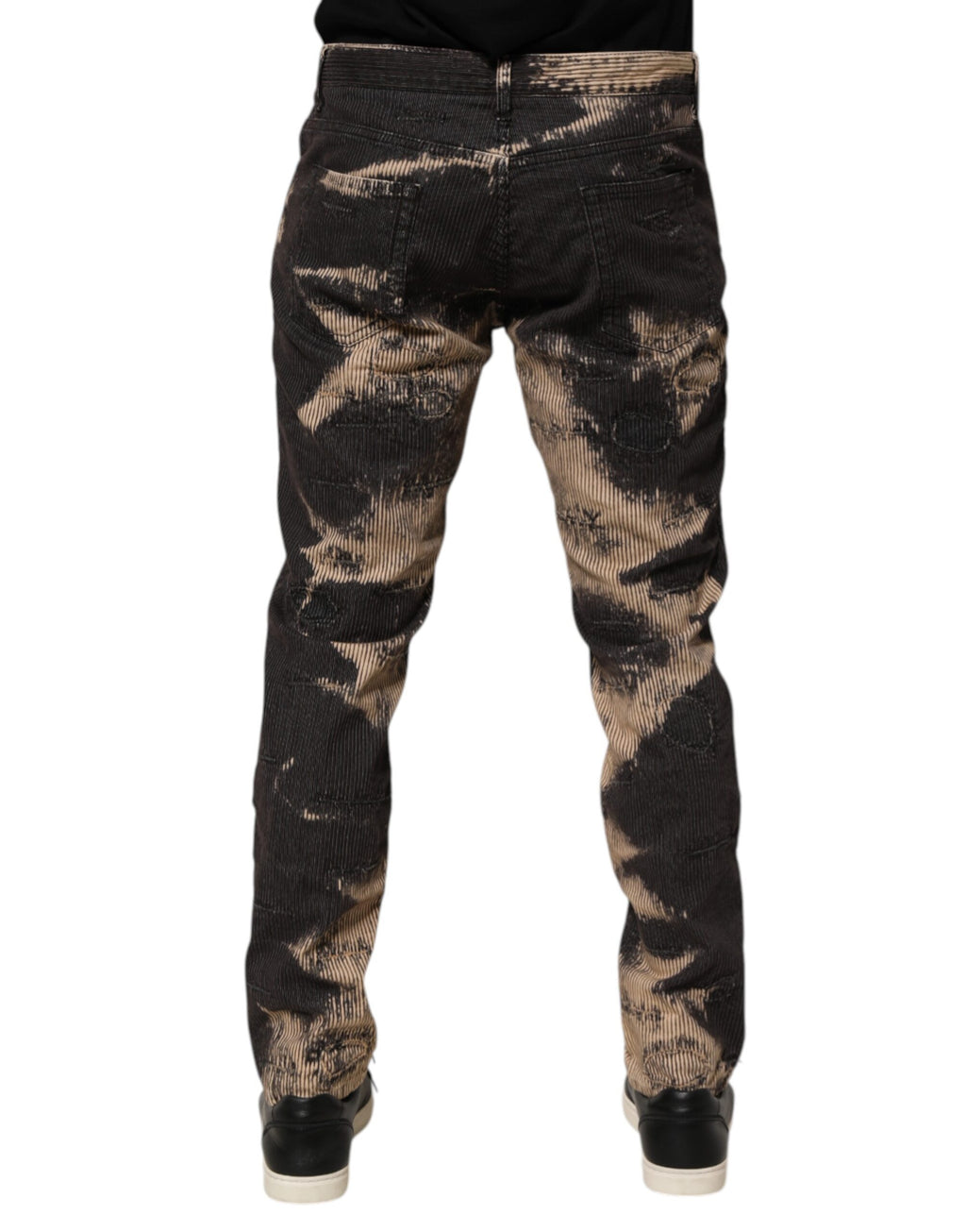 Dolce & Gabbana Beige Schwarze Cord-Hose mit Krawattenmuster aus Baumwollmischung