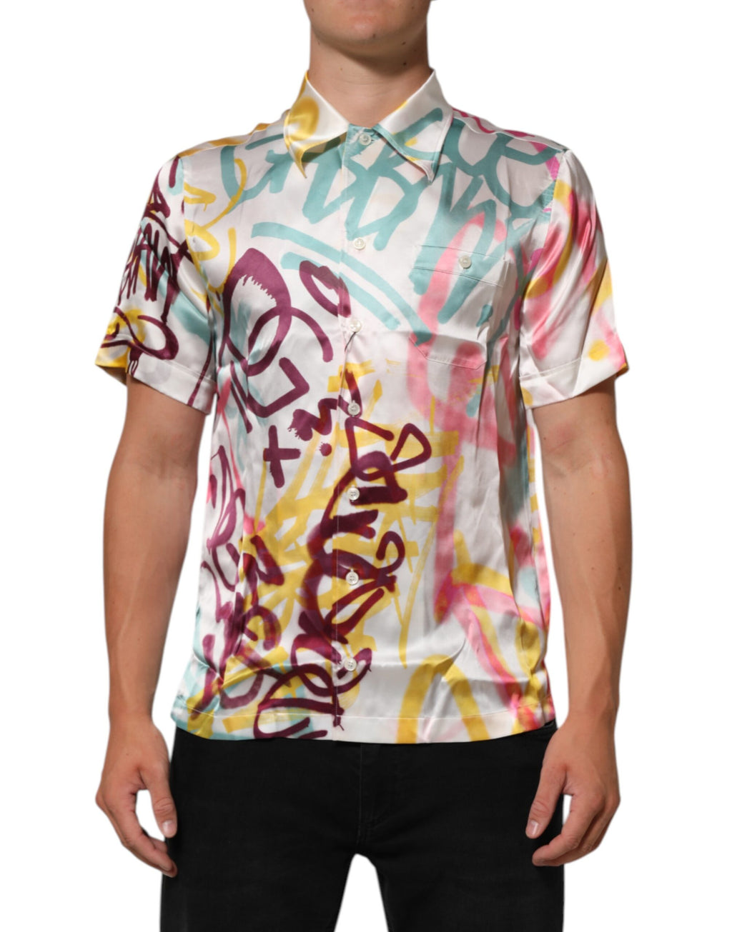 Dolce & Gabbana Men's White Silk Hawaiian Graffiti Shirt Casual Shirt