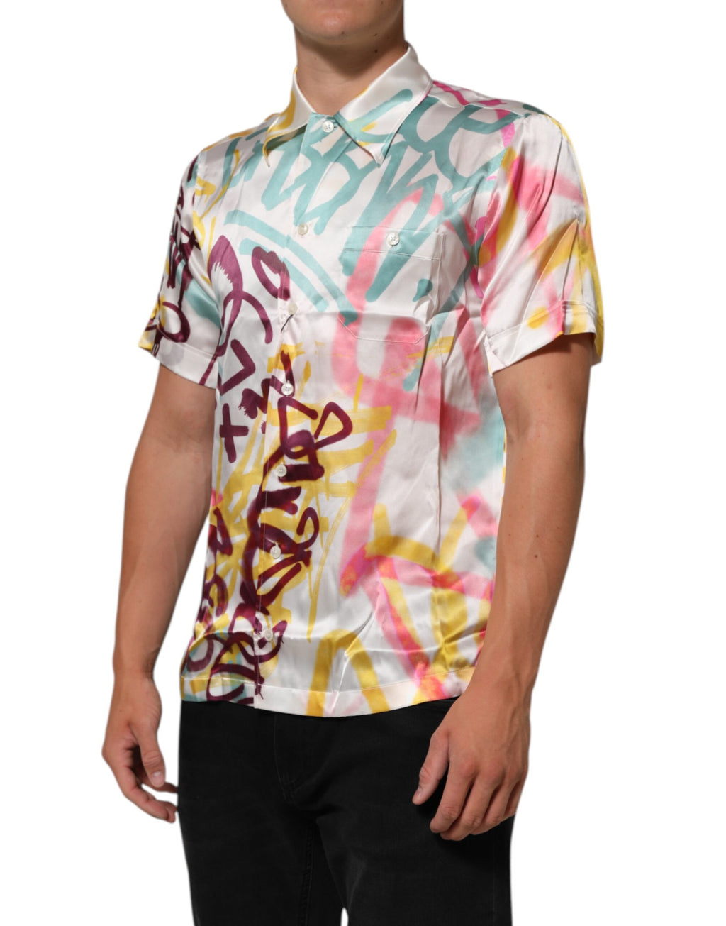 Dolce & Gabbana Men's White Silk Hawaiian Graffiti Shirt Casual Shirt