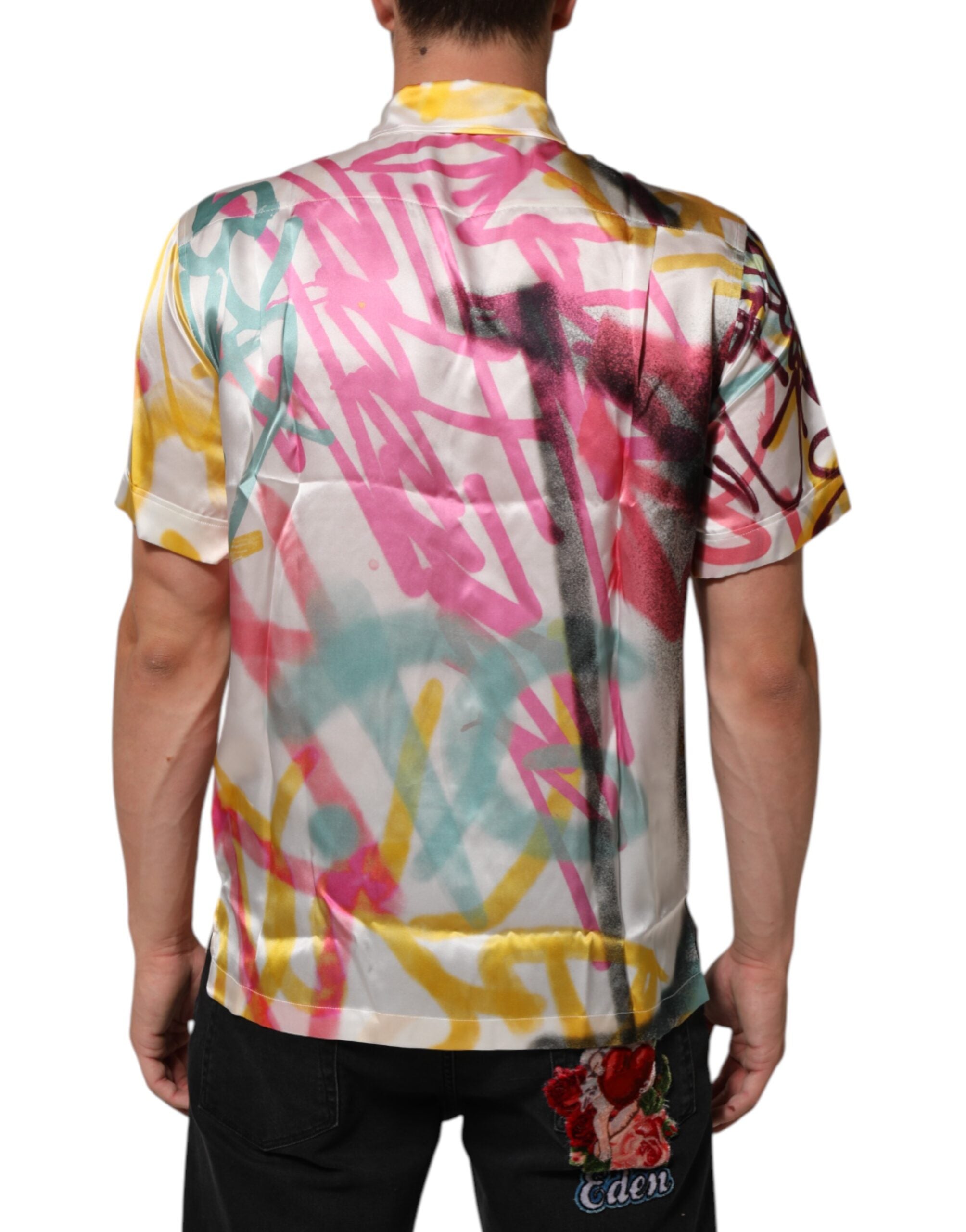 Dolce & Gabbana Men's White Silk Hawaiian Graffiti Shirt Casual Shirt